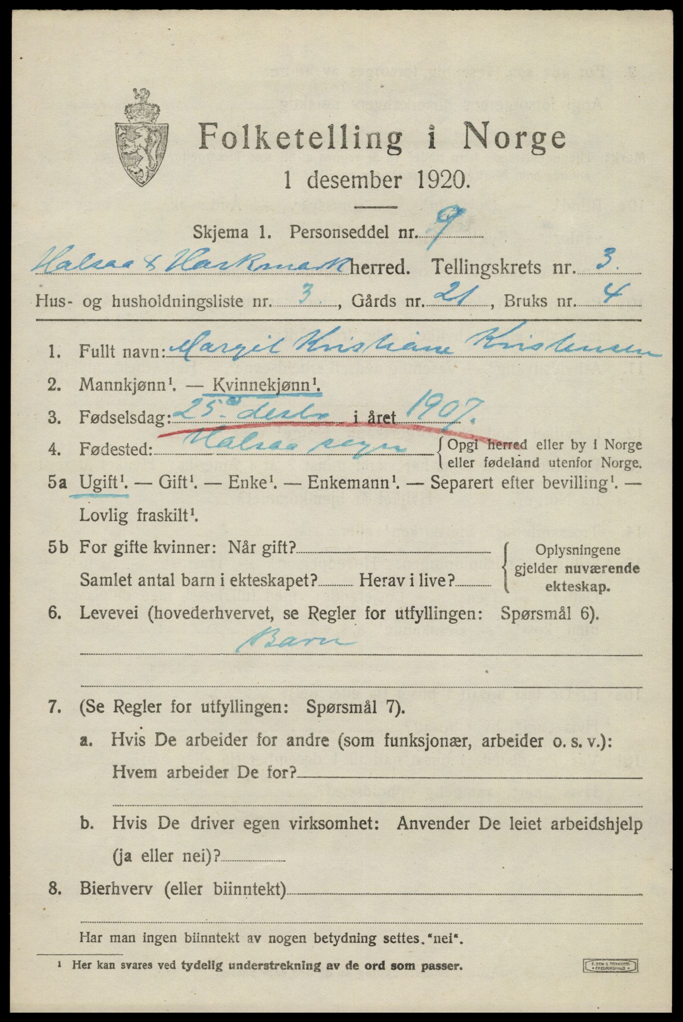 SAK, 1920 census for Halse og Harkmark, 1920, p. 2453