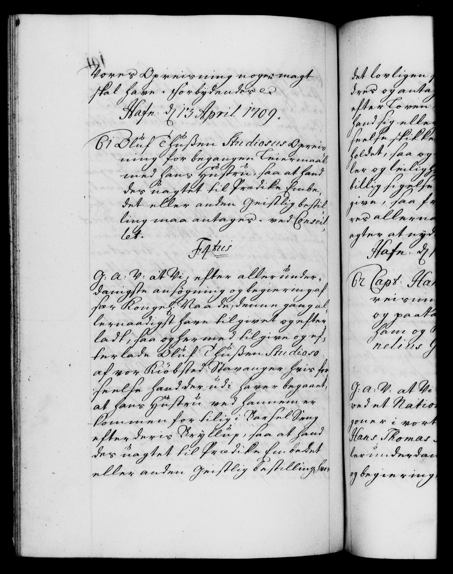 Danske Kanselli 1572-1799, AV/RA-EA-3023/F/Fc/Fca/Fcaa/L0020: Norske registre, 1708-1711, p. 191b