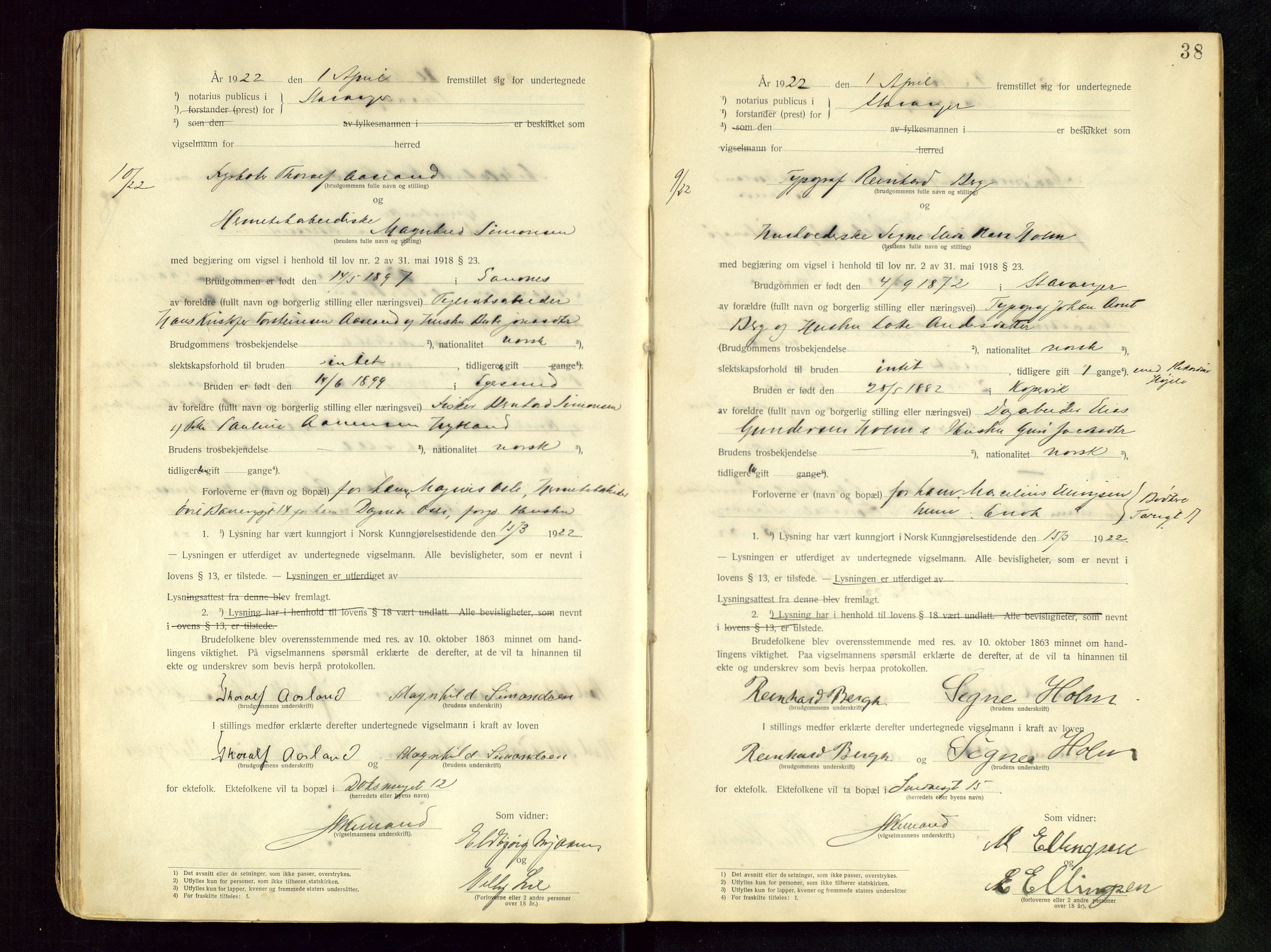 Stavanger byfogd, AV/SAST-A-101408/001/6/62/62BB/L0001: Vigselsprotokoll, 1920-1926, p. 38