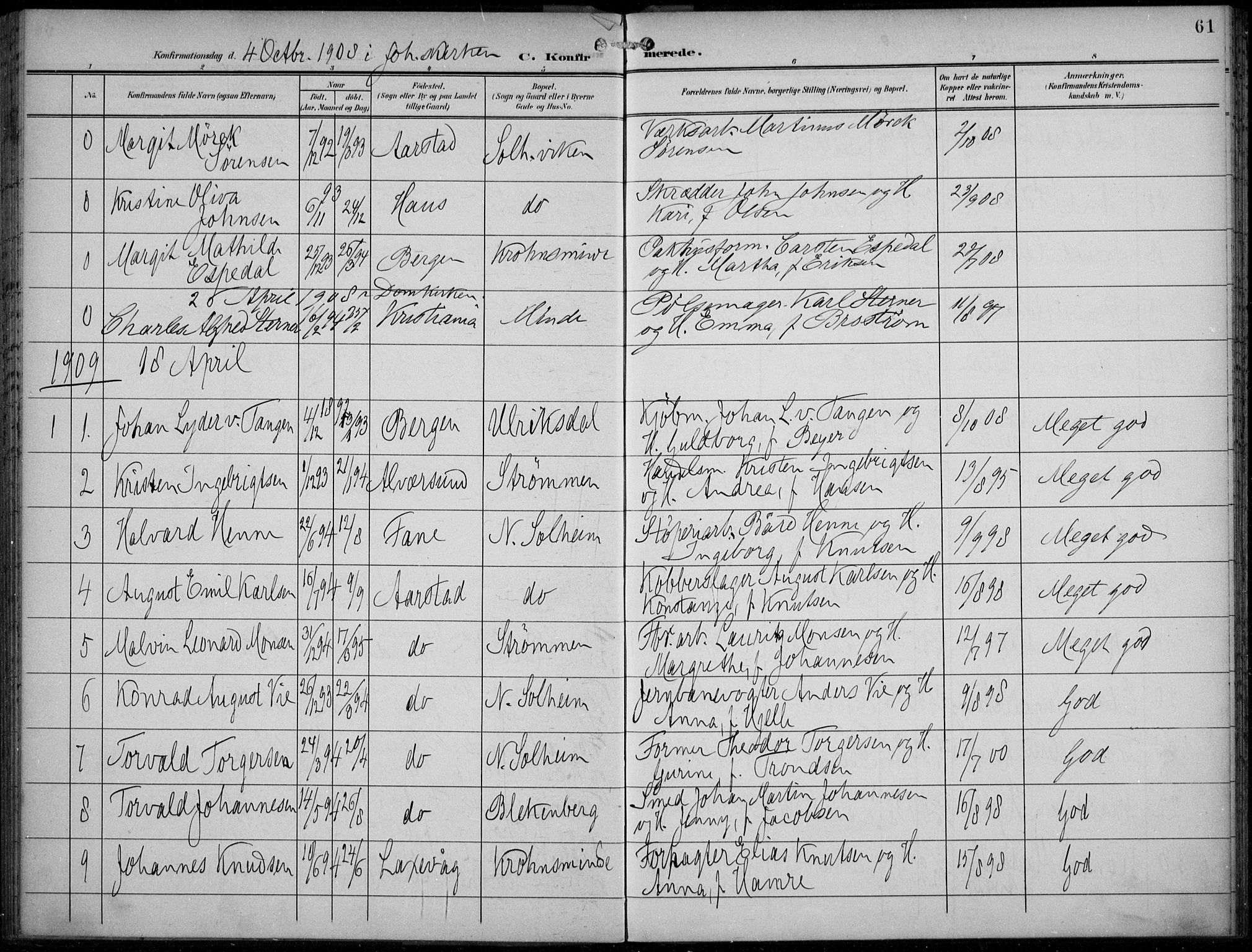 Årstad Sokneprestembete, AV/SAB-A-79301/H/Haa/L0007: Parish register (official) no. B 2, 1901-1914, p. 61