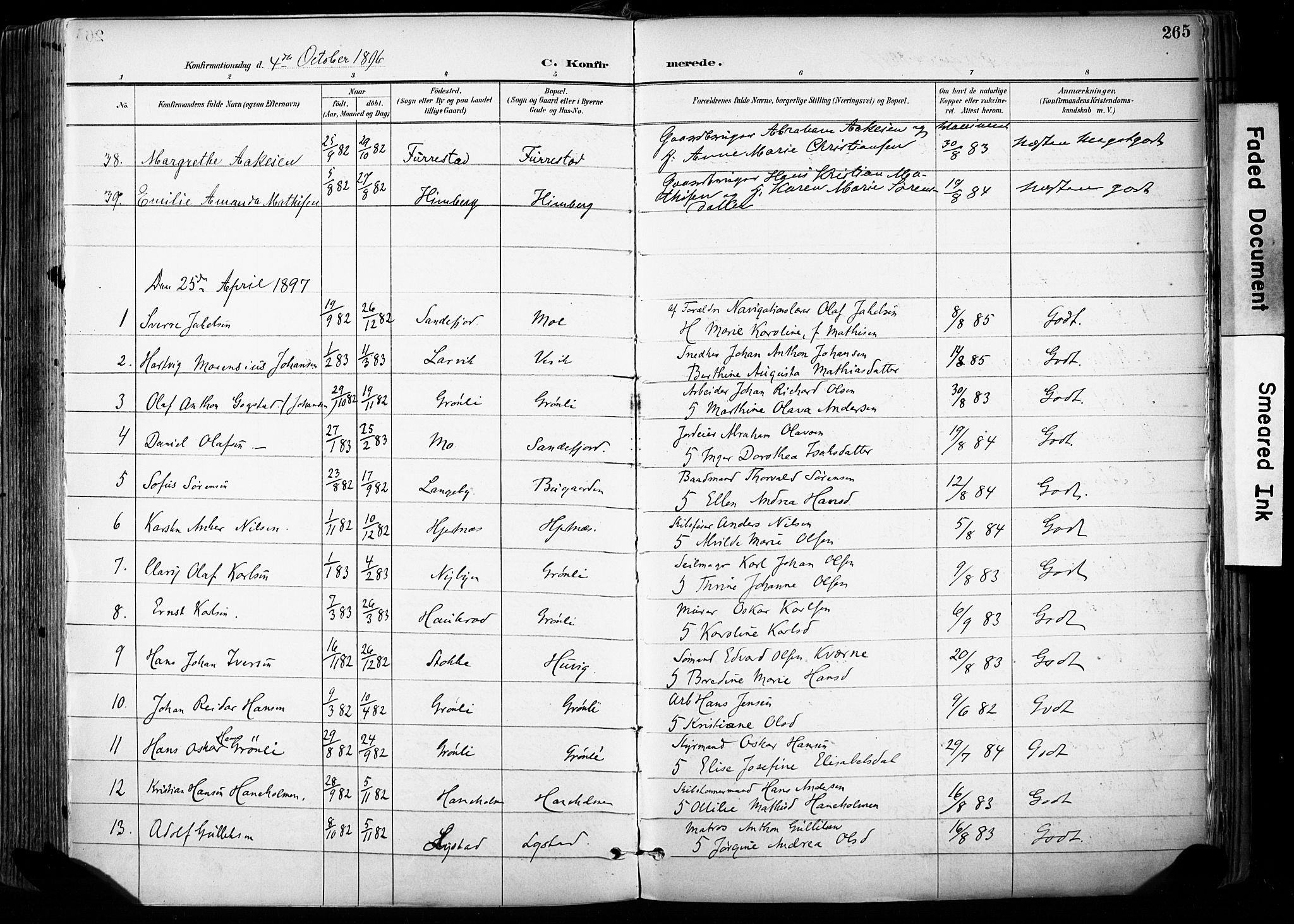 Sandar kirkebøker, SAKO/A-243/F/Fa/L0014: Parish register (official) no. 14, 1896-1909, p. 265