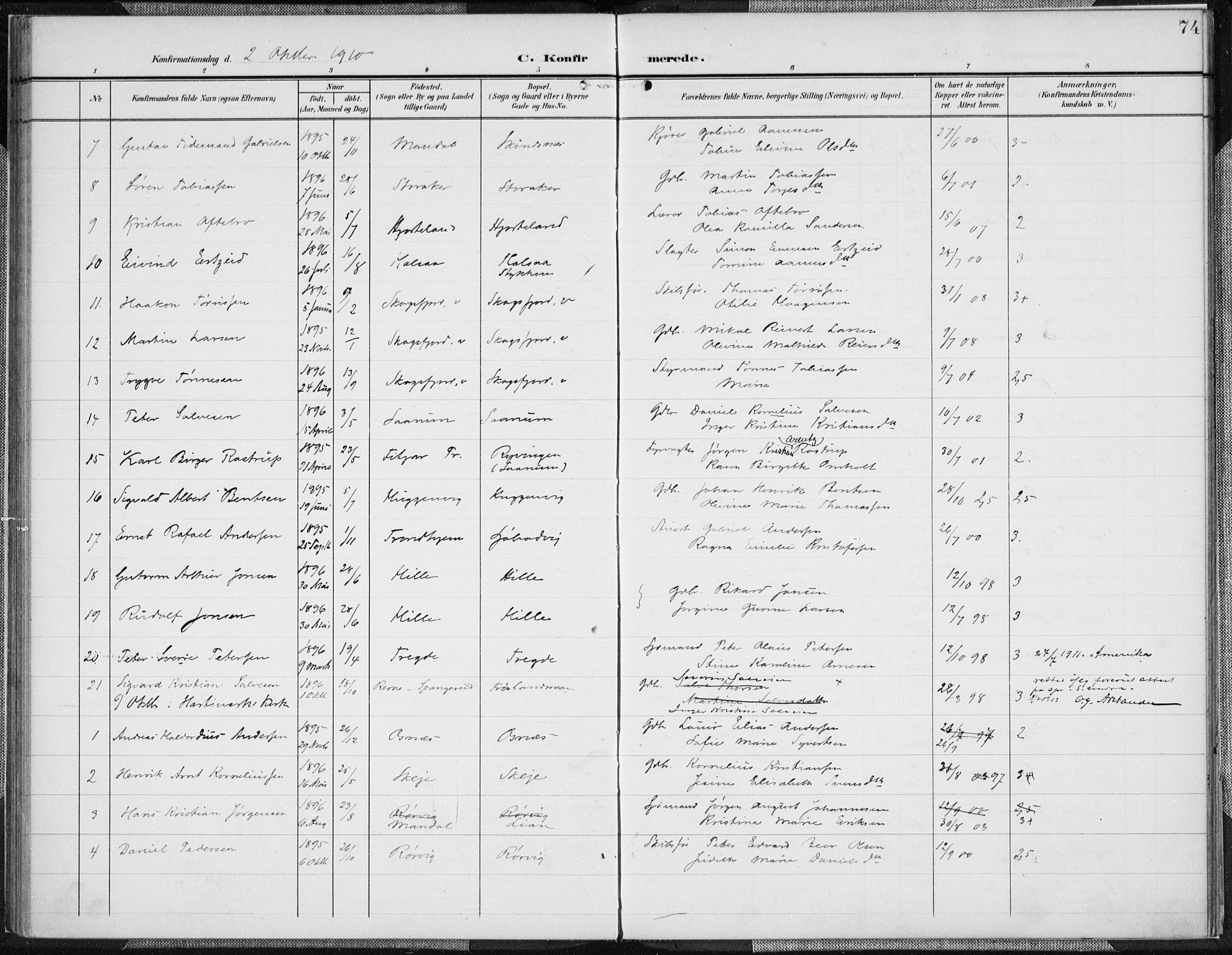 Mandal sokneprestkontor, AV/SAK-1111-0030/F/Fa/Faa/L0019: Parish register (official) no. A 19, 1902-1912, p. 74