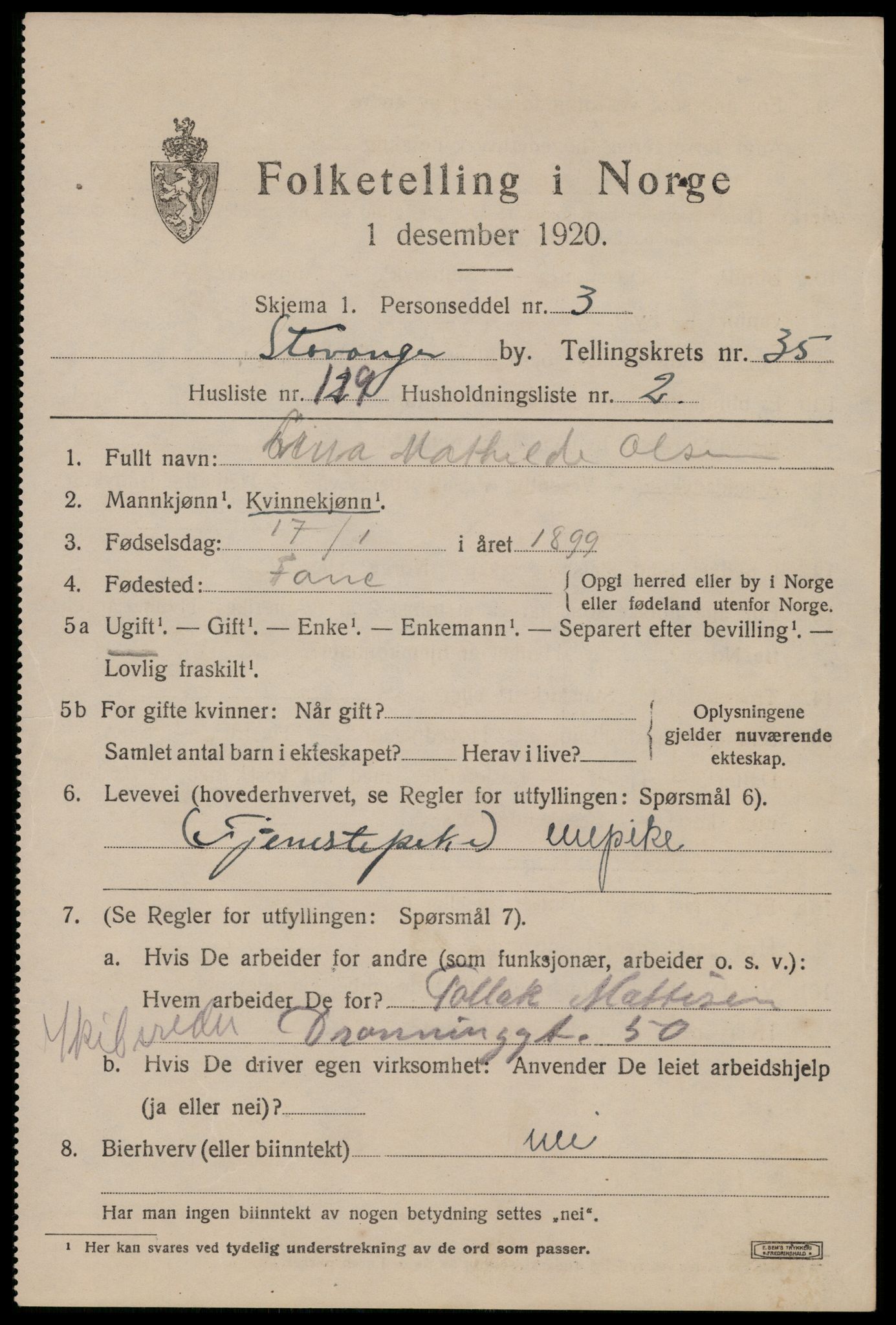 SAST, 1920 census for Stavanger, 1920, p. 95722