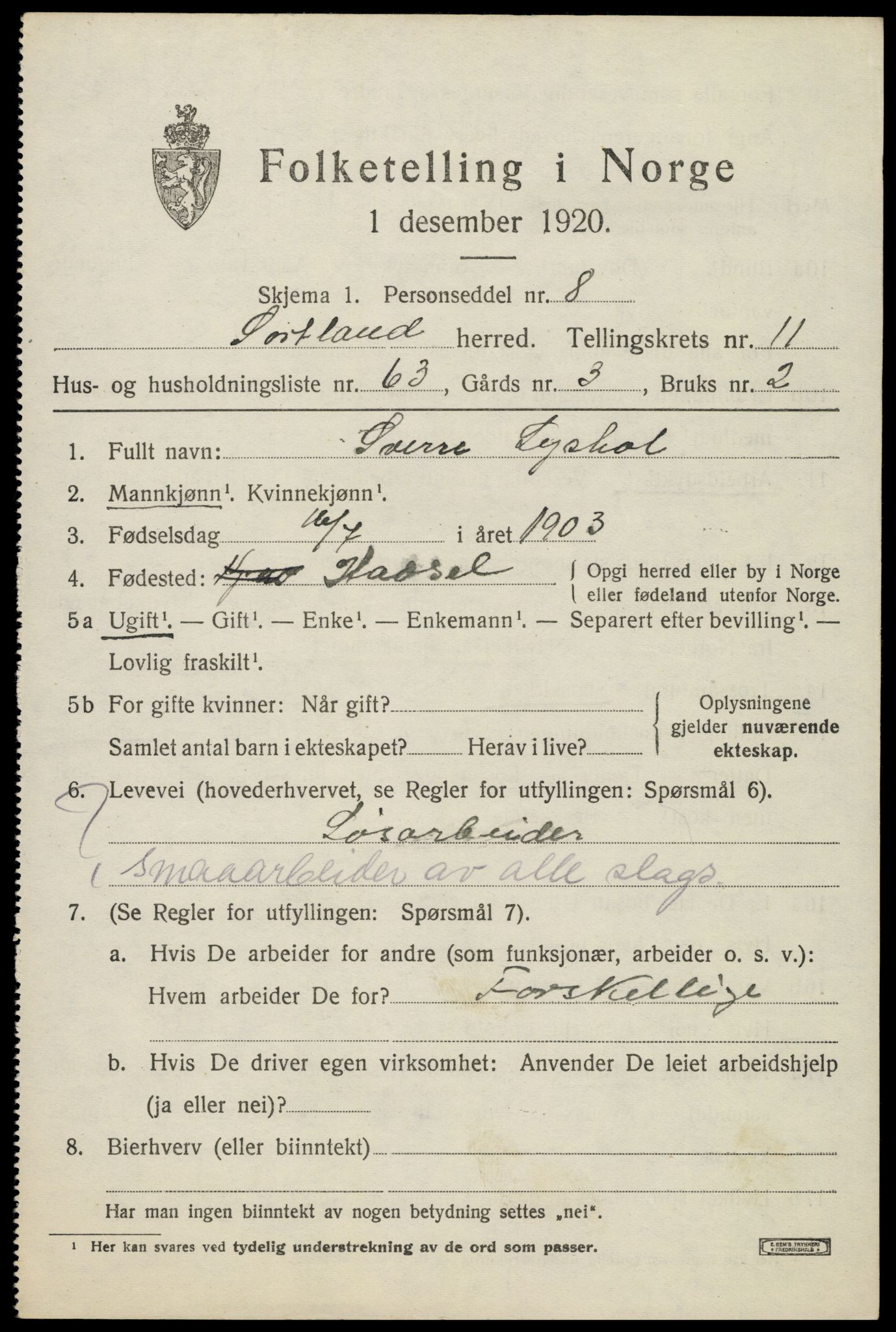 SAT, 1920 census for Sortland, 1920, p. 8950