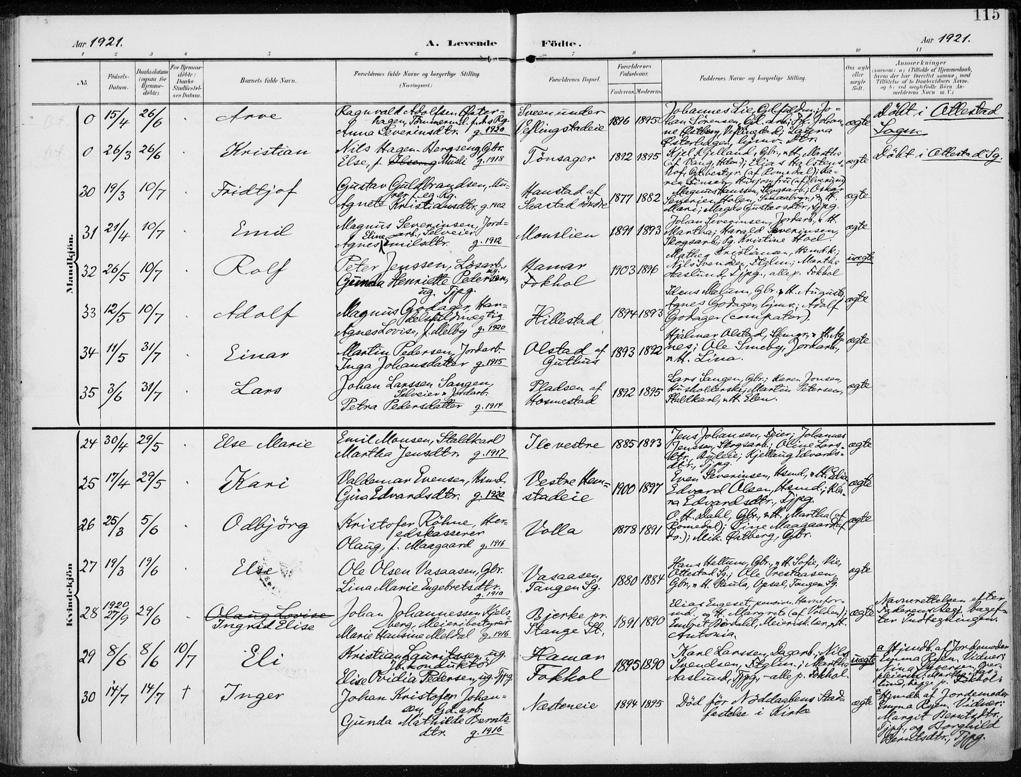 Stange prestekontor, AV/SAH-PREST-002/K/L0024: Parish register (official) no. 24, 1906-1922, p. 115