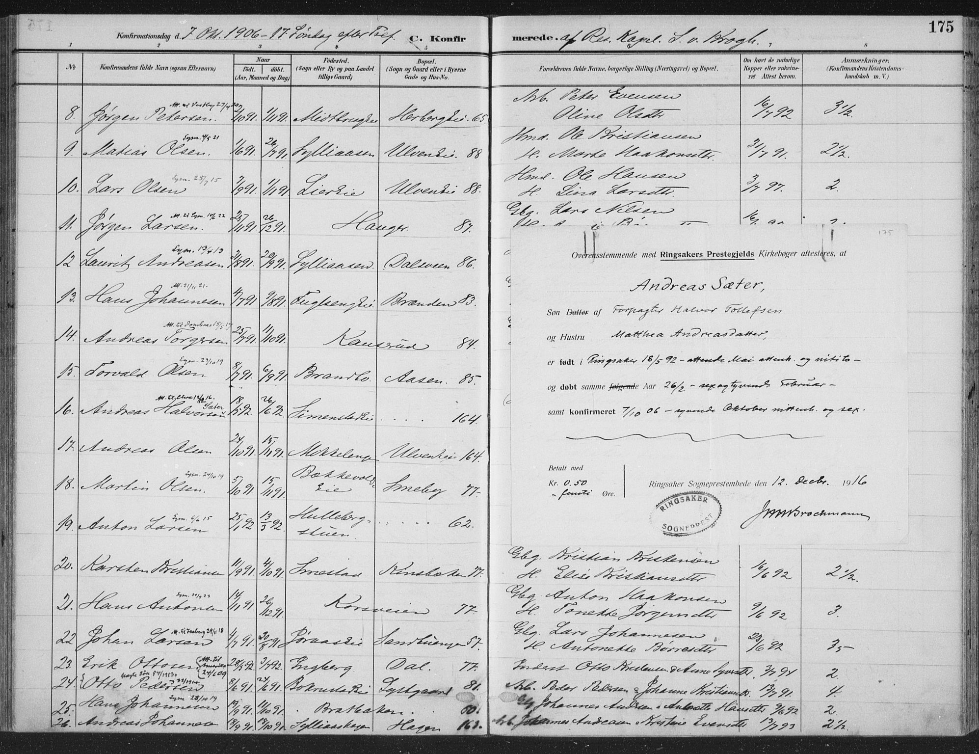 Ringsaker prestekontor, SAH/PREST-014/K/Ka/L0018: Parish register (official) no. 18, 1903-1912, p. 175
