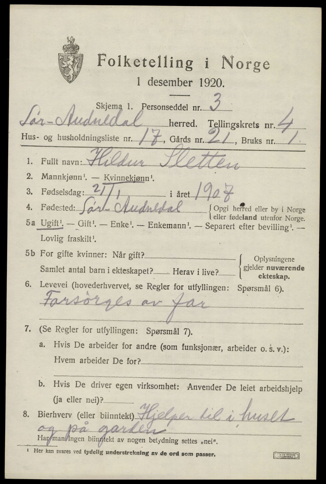 SAK, 1920 census for Sør-Audnedal, 1920, p. 2295