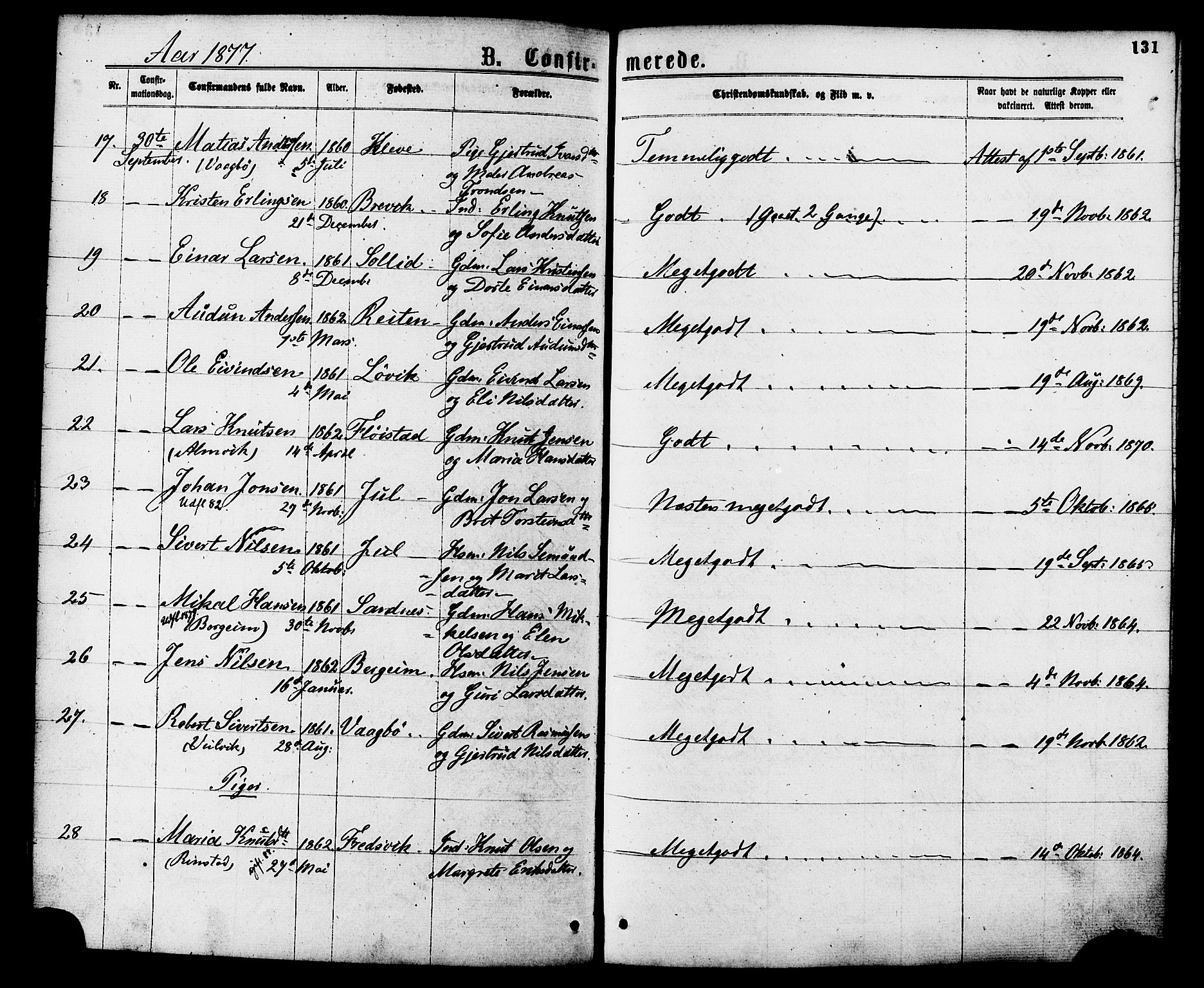 Ministerialprotokoller, klokkerbøker og fødselsregistre - Møre og Romsdal, AV/SAT-A-1454/586/L0986: Parish register (official) no. 586A12, 1867-1878, p. 131