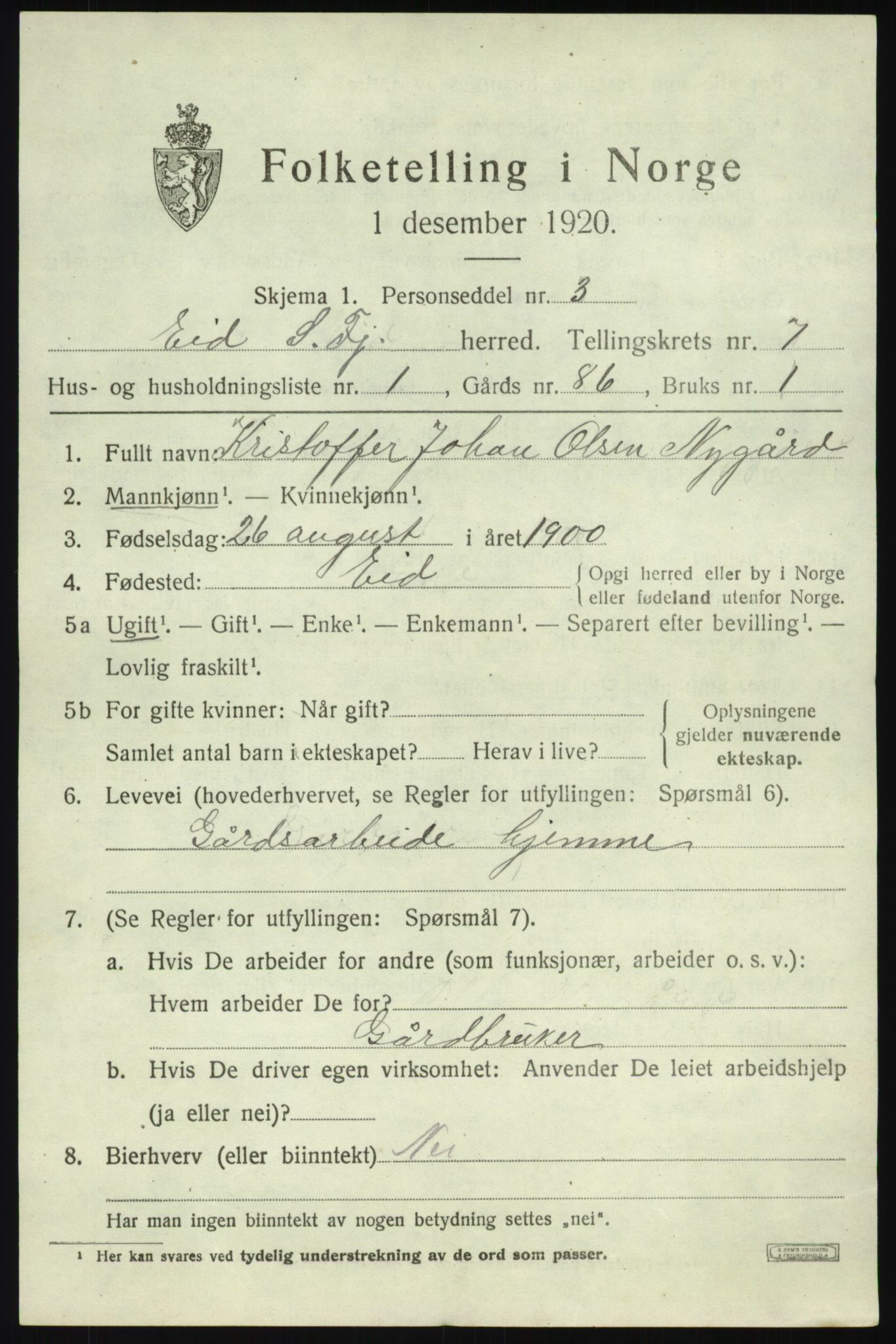 SAB, 1920 census for Eid, 1920, p. 3476