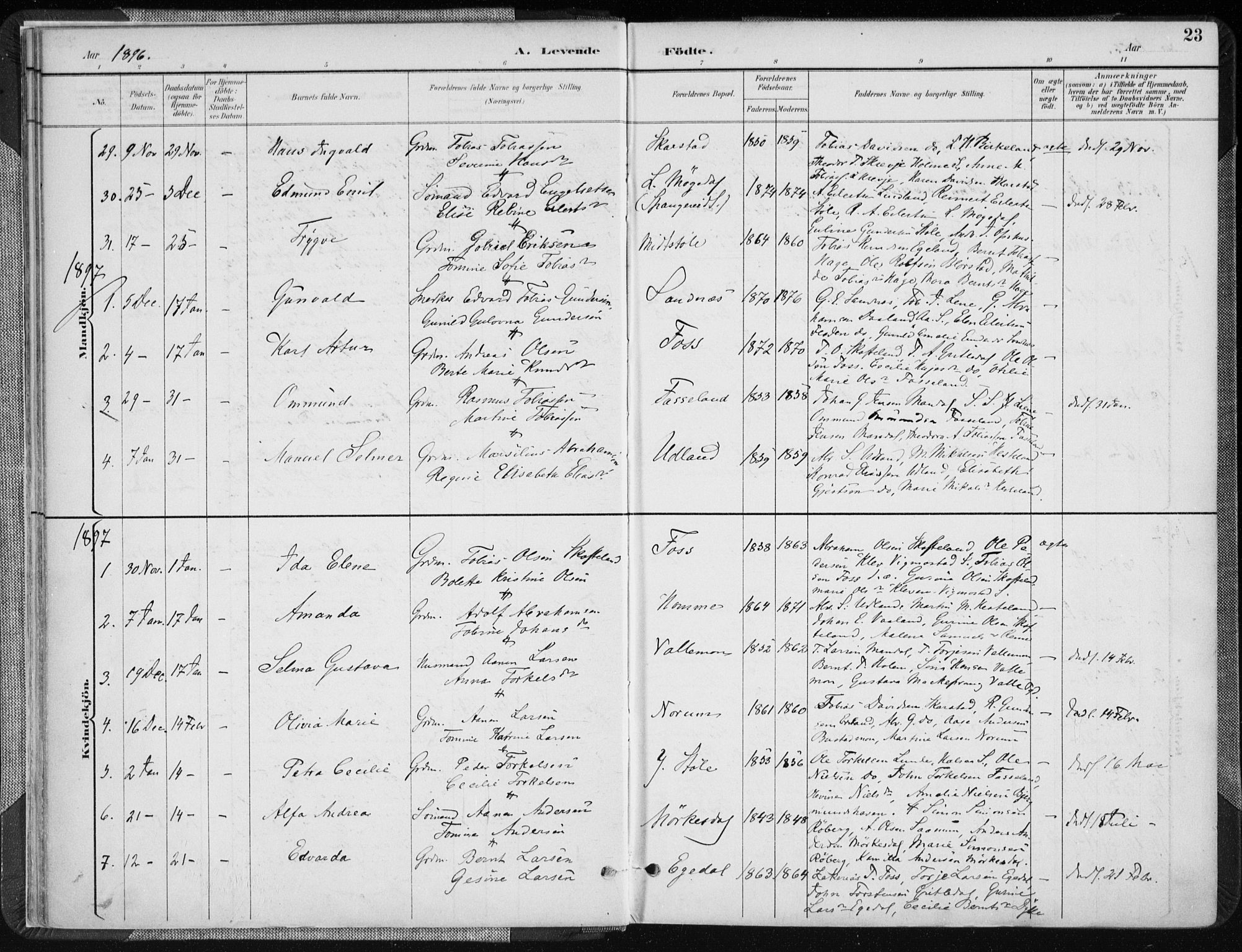 Sør-Audnedal sokneprestkontor, AV/SAK-1111-0039/F/Fa/Fab/L0010: Parish register (official) no. A 10, 1892-1913, p. 23