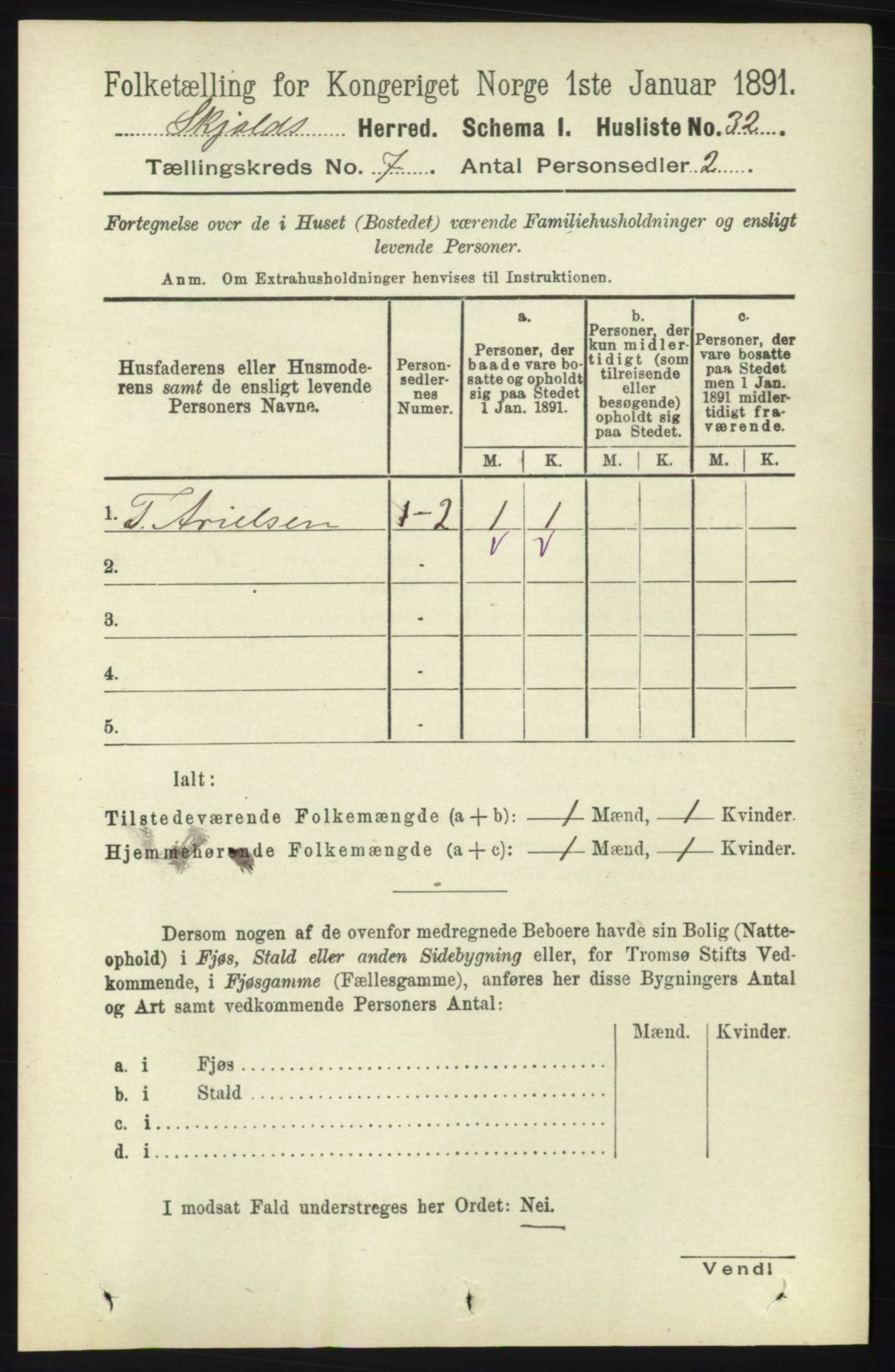 RA, 1891 census for 1154 Skjold, 1891, p. 1335