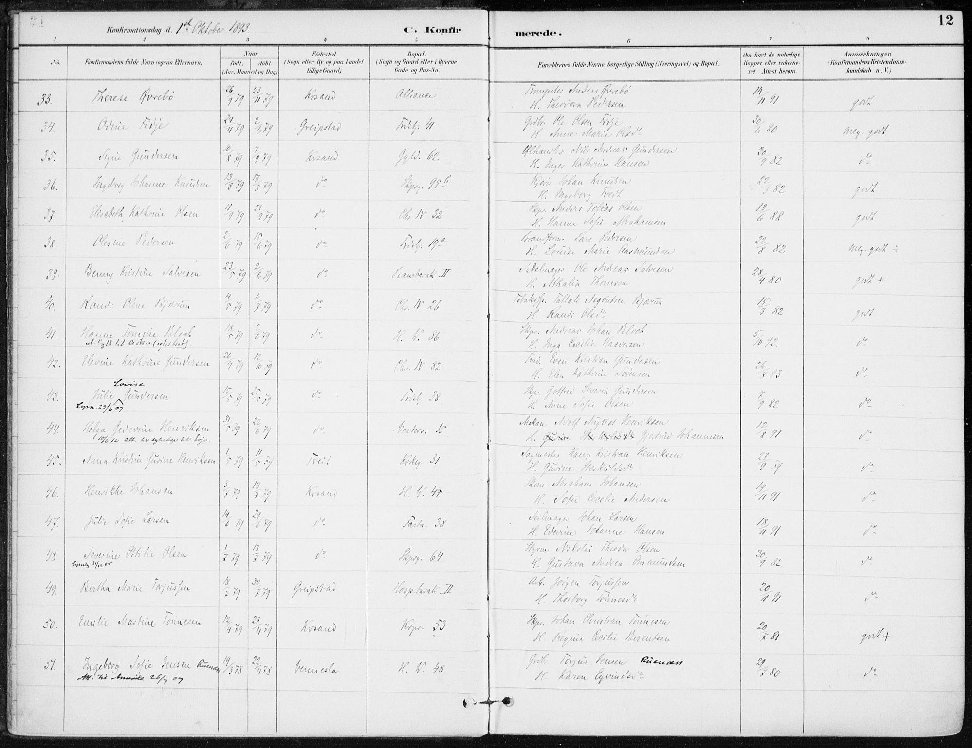 Kristiansand domprosti, SAK/1112-0006/F/Fa/L0020: Parish register (official) no. A 19, 1893-1904, p. 12