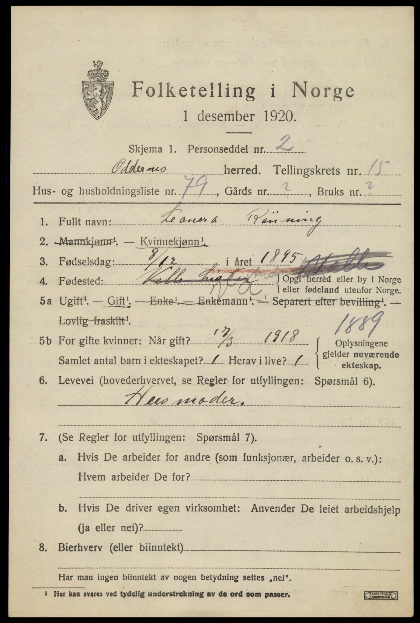 SAK, 1920 census for Oddernes, 1920, p. 11127