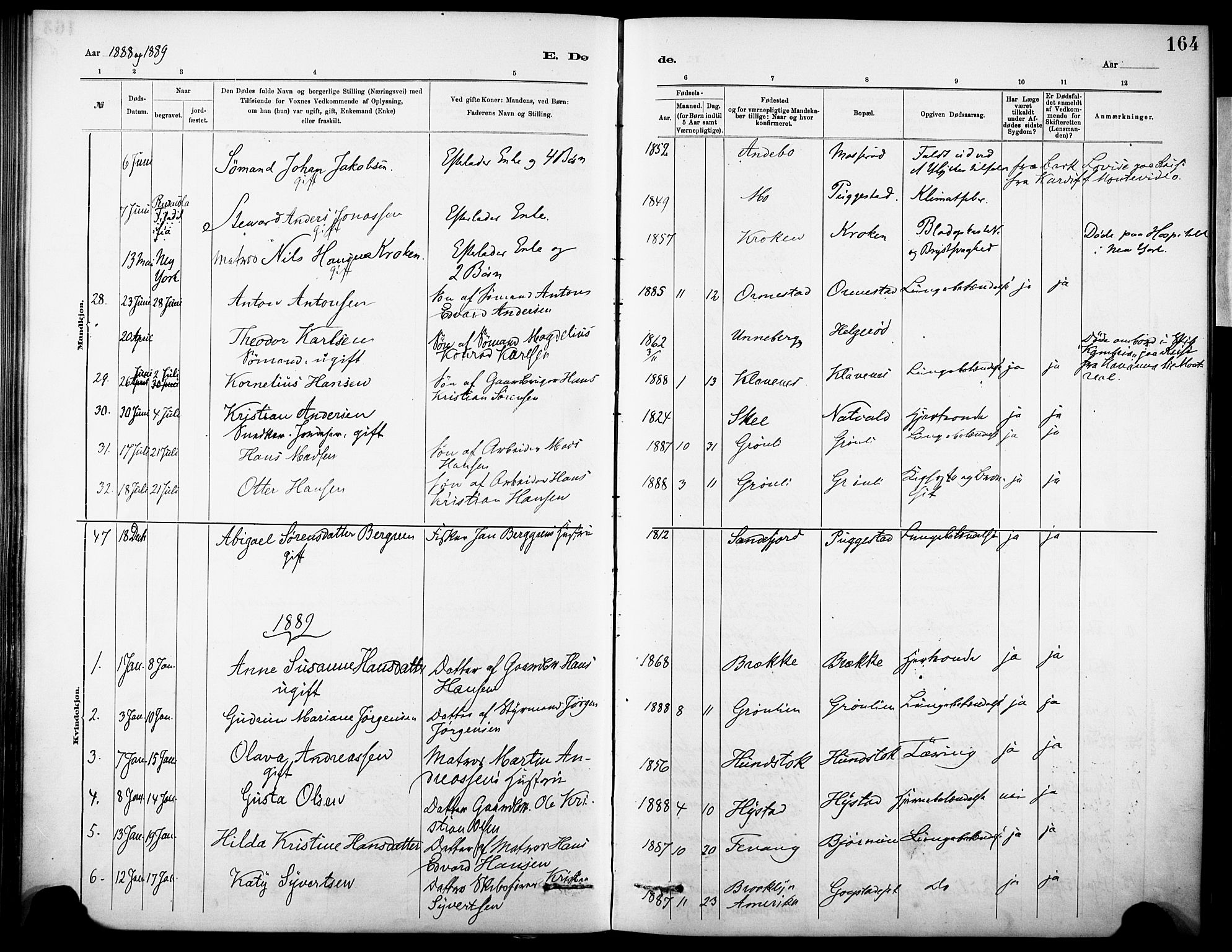Sandar kirkebøker, SAKO/A-243/F/Fa/L0013: Parish register (official) no. 13, 1883-1895, p. 164