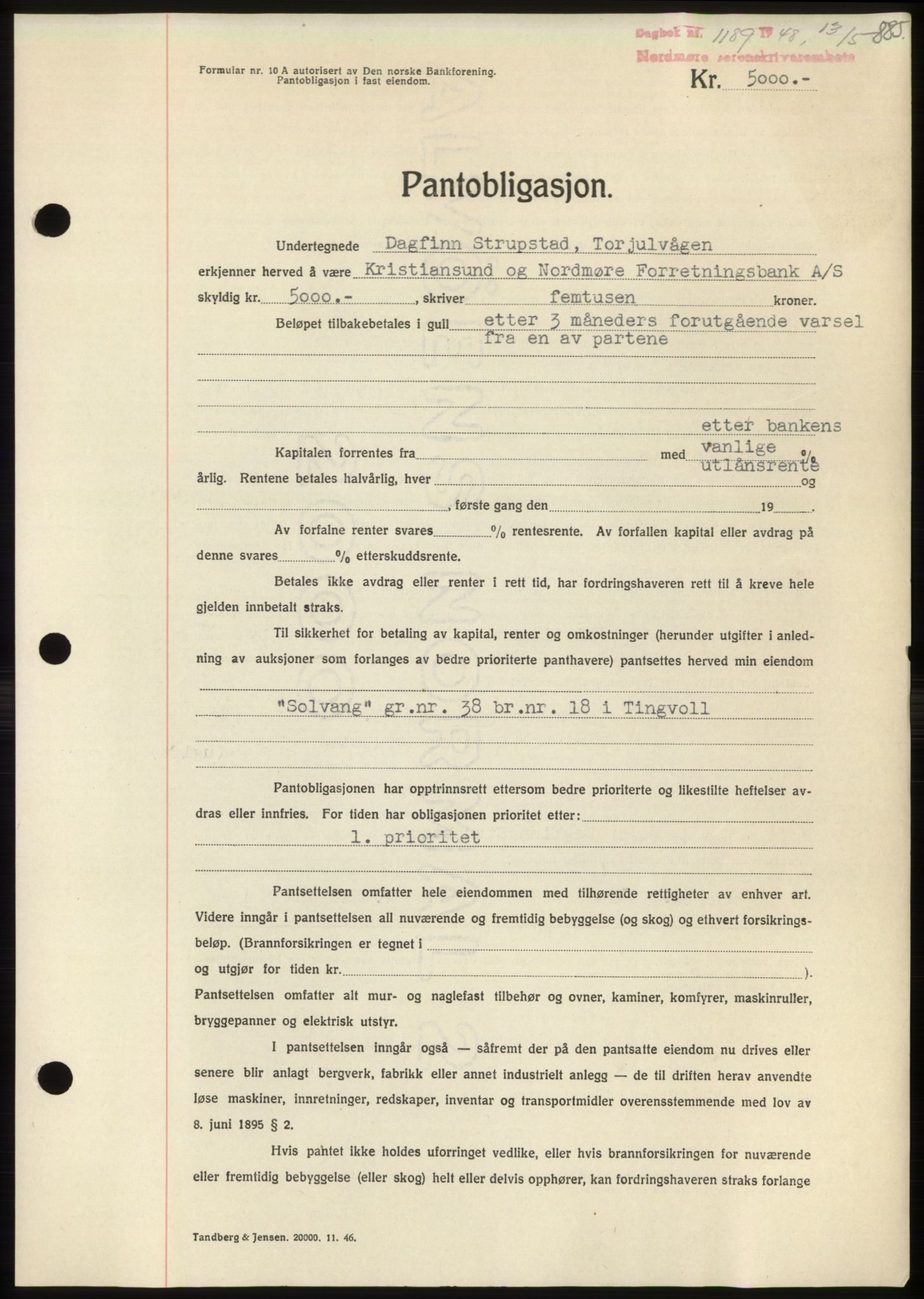 Nordmøre sorenskriveri, AV/SAT-A-4132/1/2/2Ca: Mortgage book no. B98, 1948-1948, Diary no: : 1189/1948