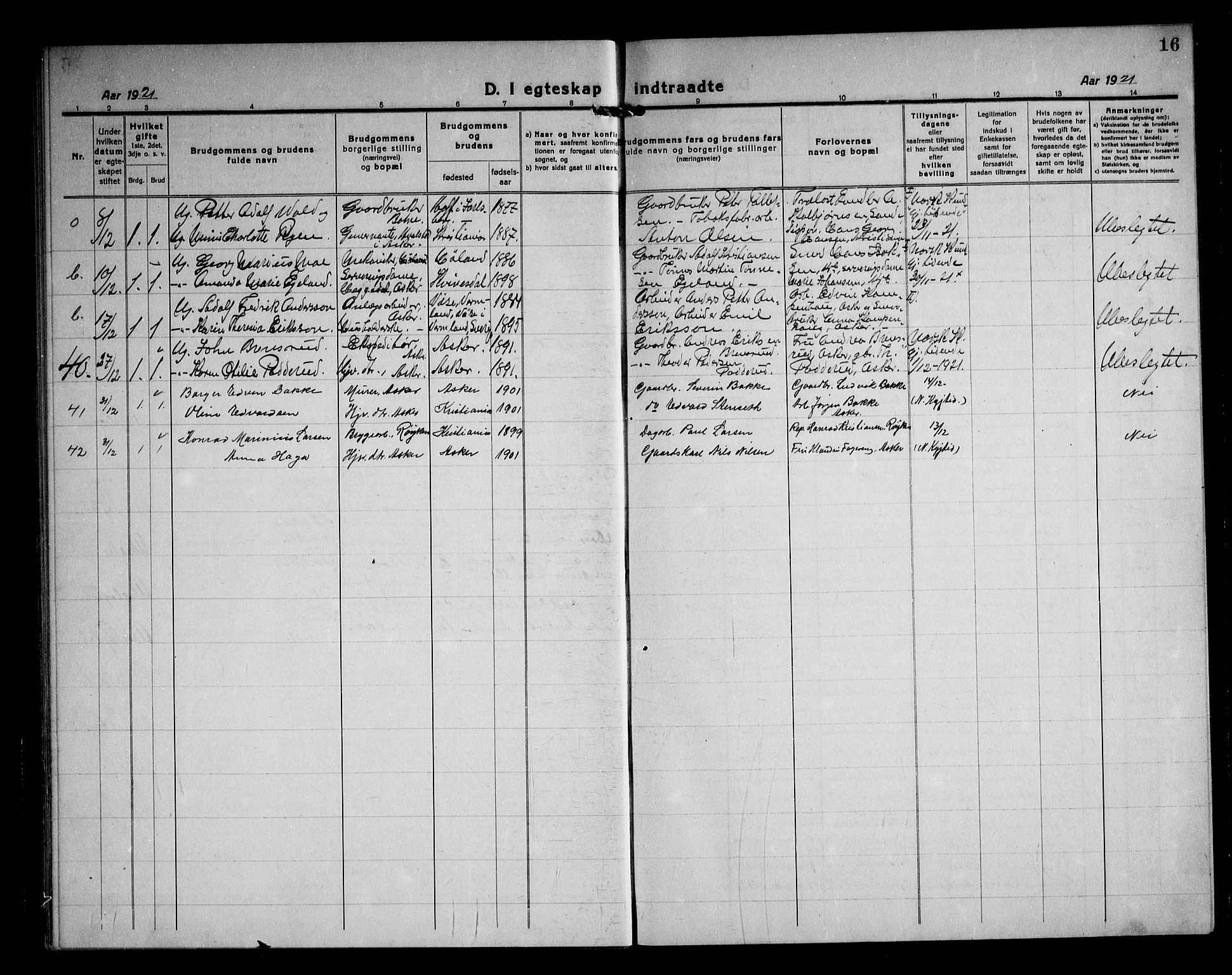 Asker prestekontor Kirkebøker, SAO/A-10256a/F/Fa/L0020: Parish register (official) no. I 20, 1918-1948, p. 16