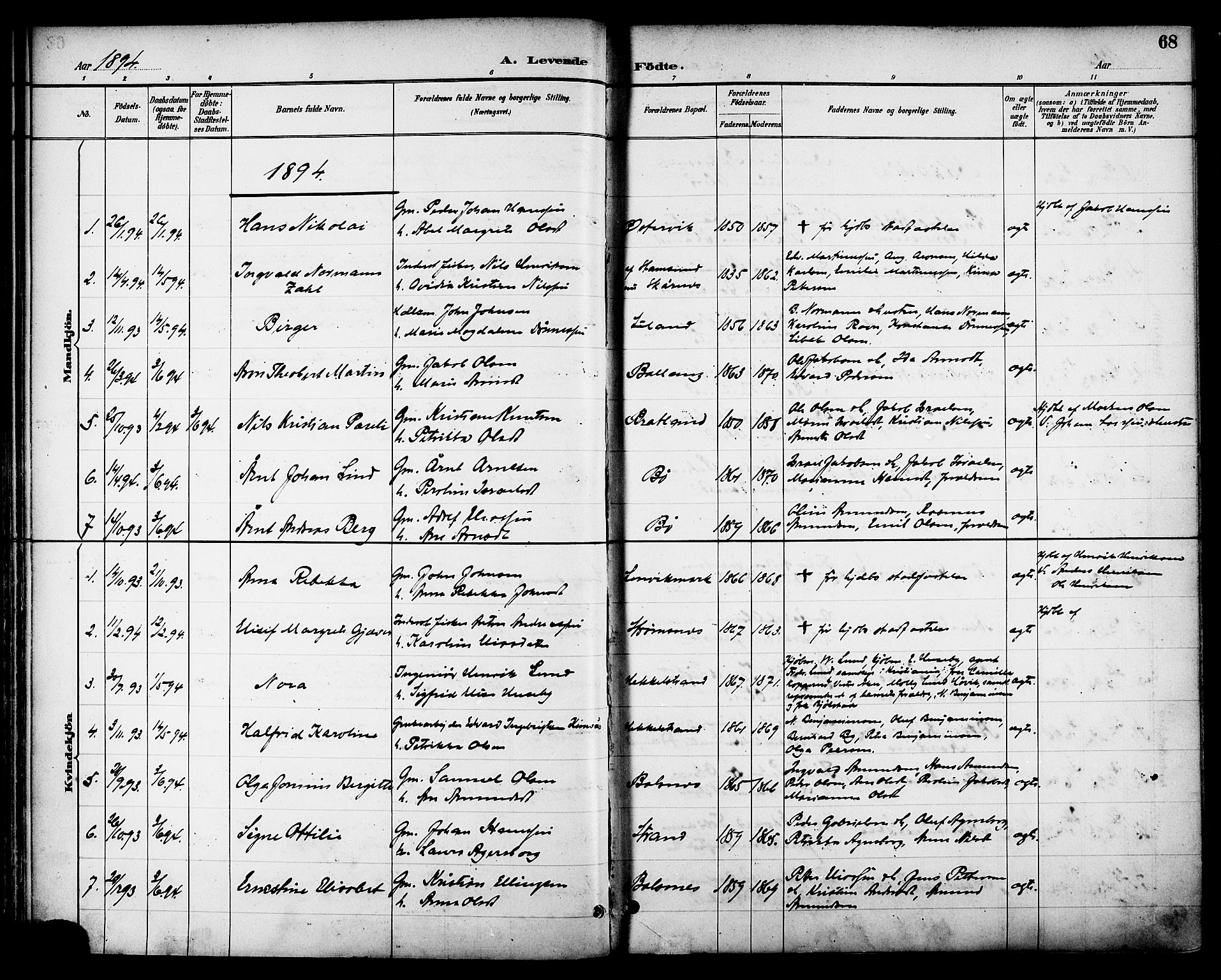 Ministerialprotokoller, klokkerbøker og fødselsregistre - Nordland, SAT/A-1459/863/L0898: Parish register (official) no. 863A10, 1886-1897, p. 68