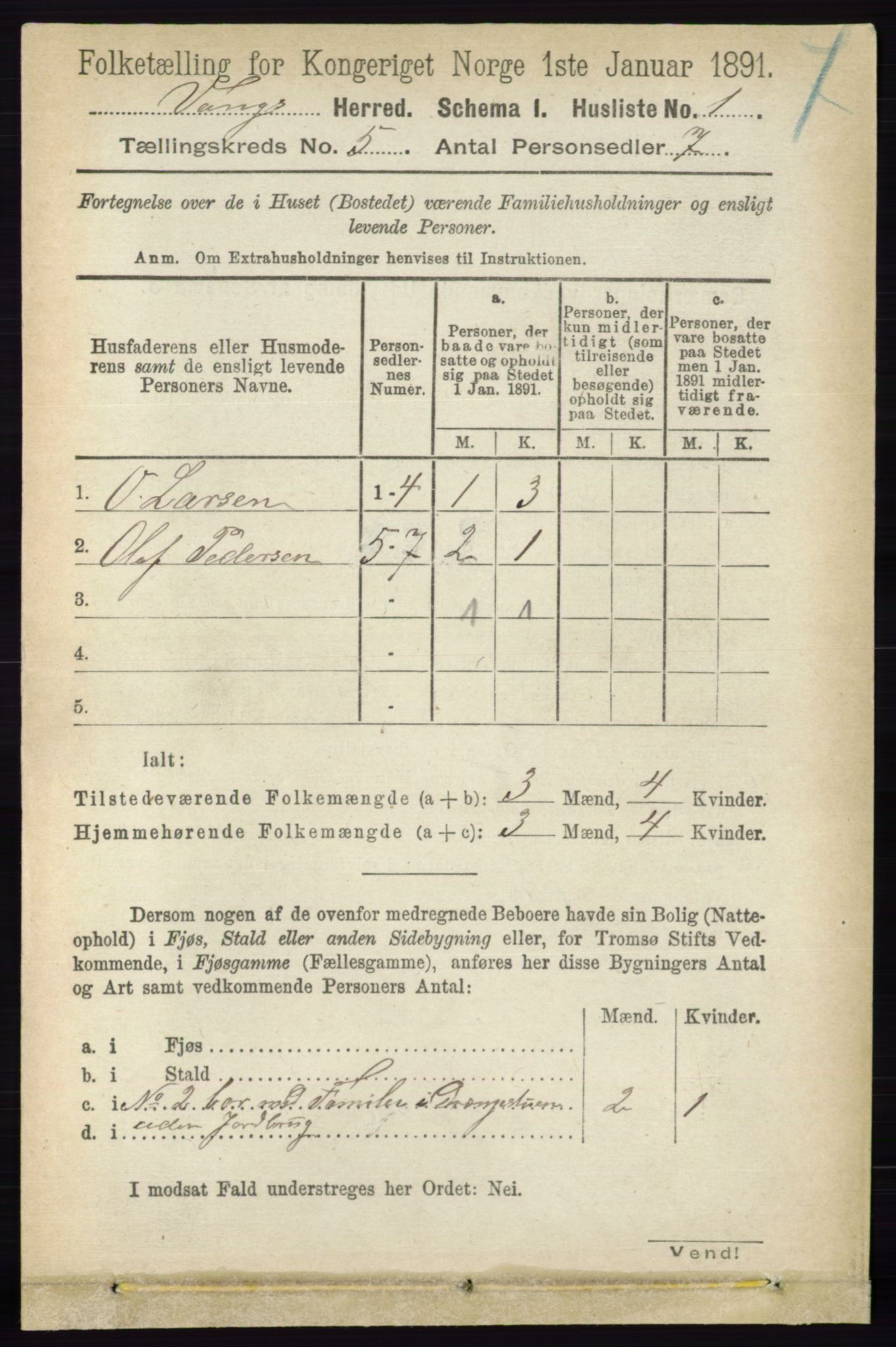 RA, 1891 census for 0414 Vang, 1891, p. 3385