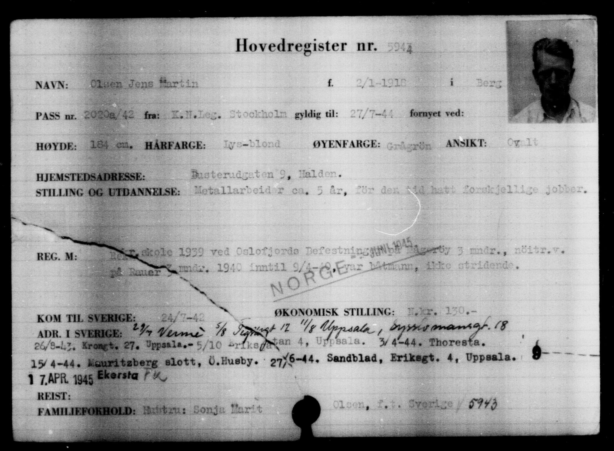 Utenriksstasjonene, Legasjonen i Stockholm, Flyktningkontoret, AV/RA-S-6753/V/Va/L0004: Kjesäterkartoteket, flyktninger med registreringsnr. 3496-6610, 1940-1945, p. 2859
