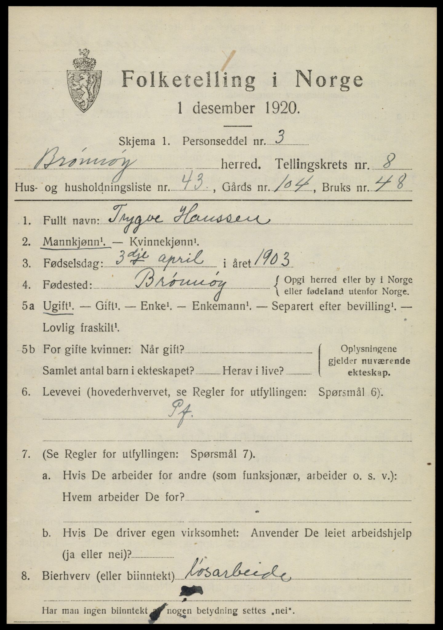 SAT, 1920 census for Brønnøy, 1920, p. 6510