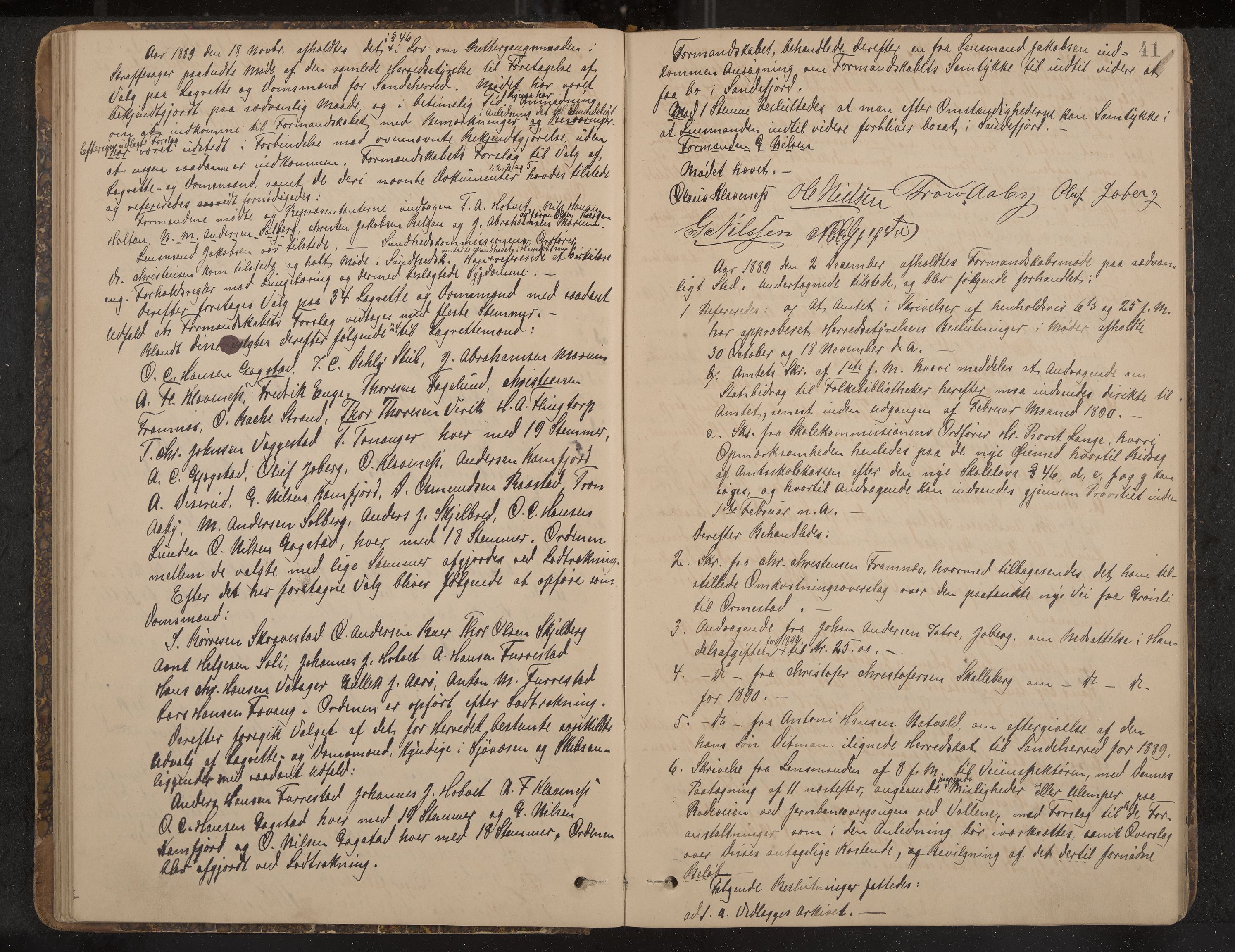 Sandar formannskap og sentraladministrasjon, IKAK/0724021/A/Aa/L0001: Møtebok, 1886-1895, p. 41