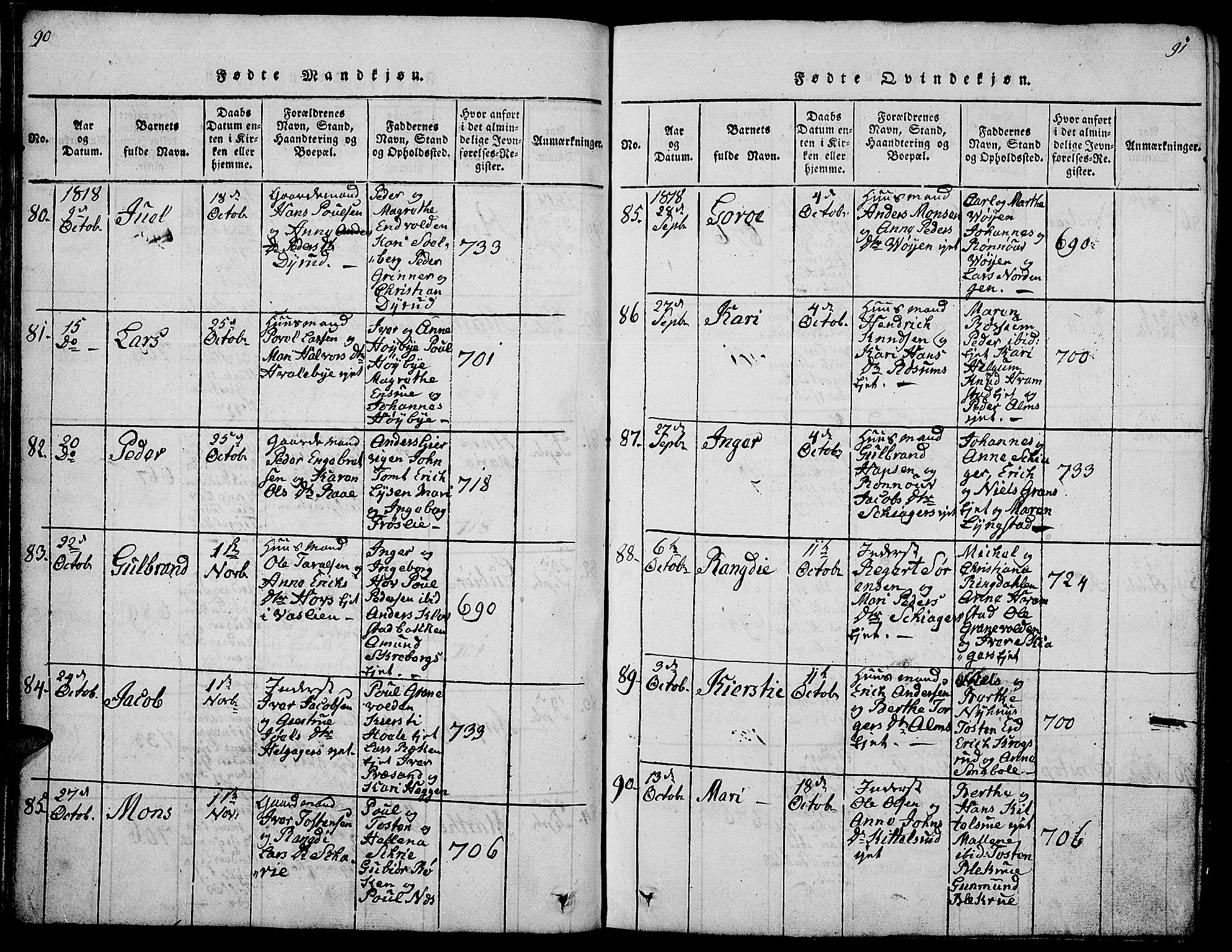 Gran prestekontor, SAH/PREST-112/H/Ha/Hab/L0001: Parish register (copy) no. 1, 1815-1824, p. 90-91
