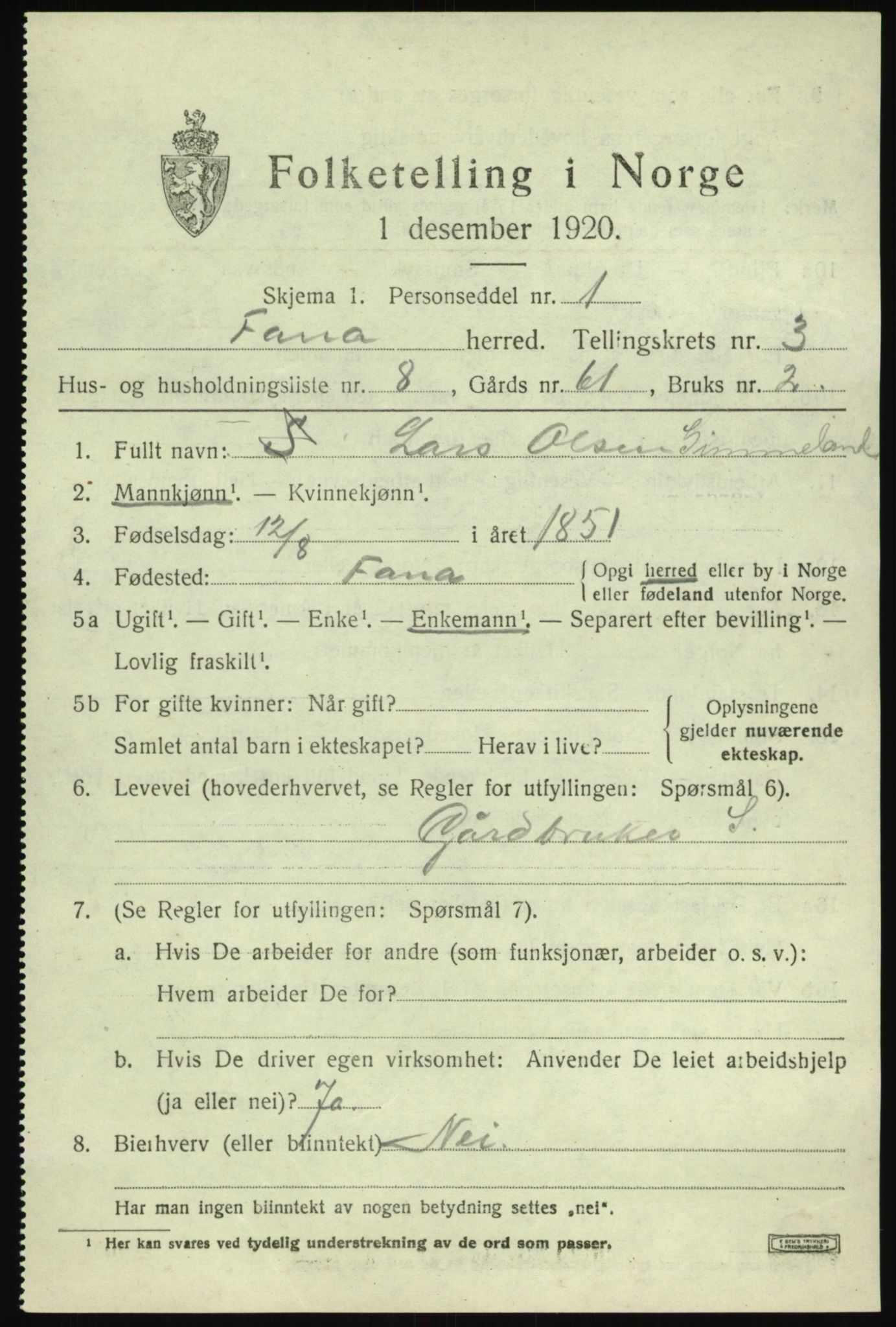 SAB, 1920 census for Fana, 1920, p. 5157