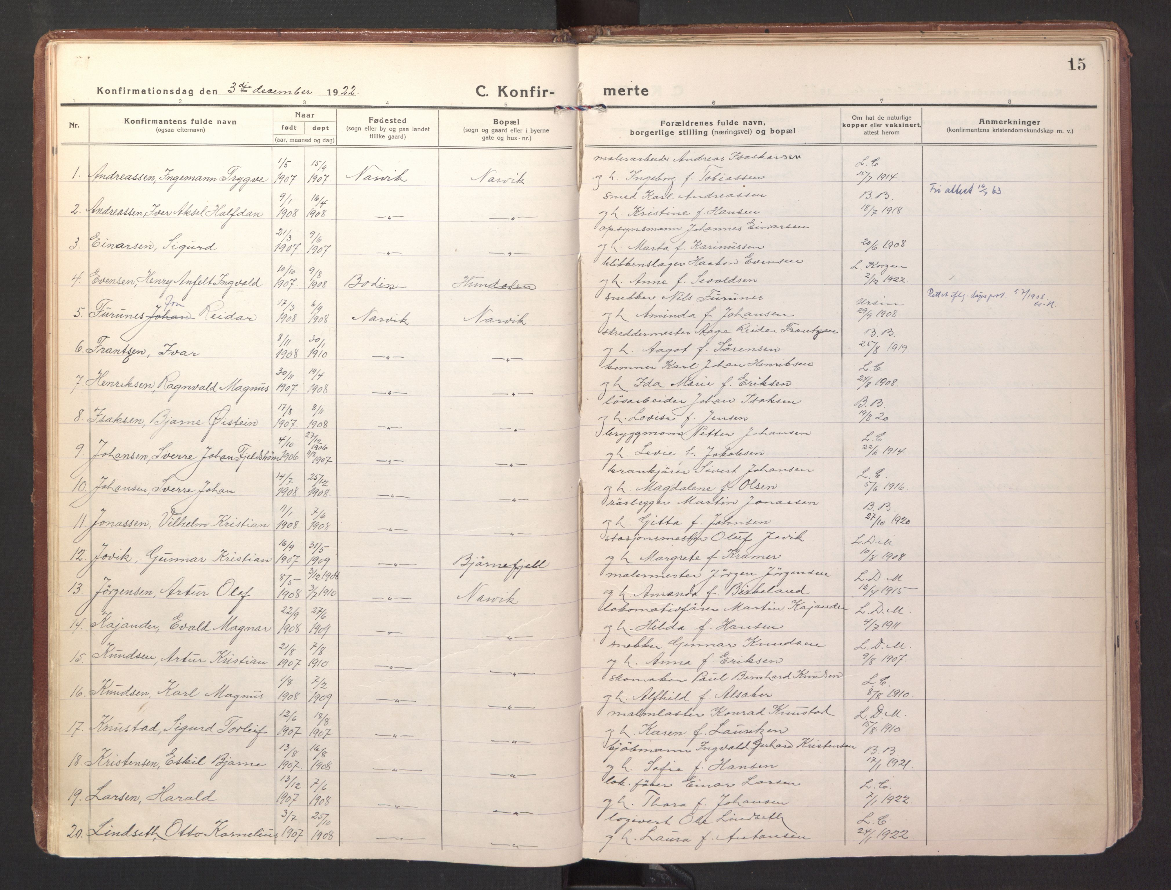 Ministerialprotokoller, klokkerbøker og fødselsregistre - Nordland, AV/SAT-A-1459/871/L1004: Parish register (official) no. 871A20, 1921-1932, p. 15