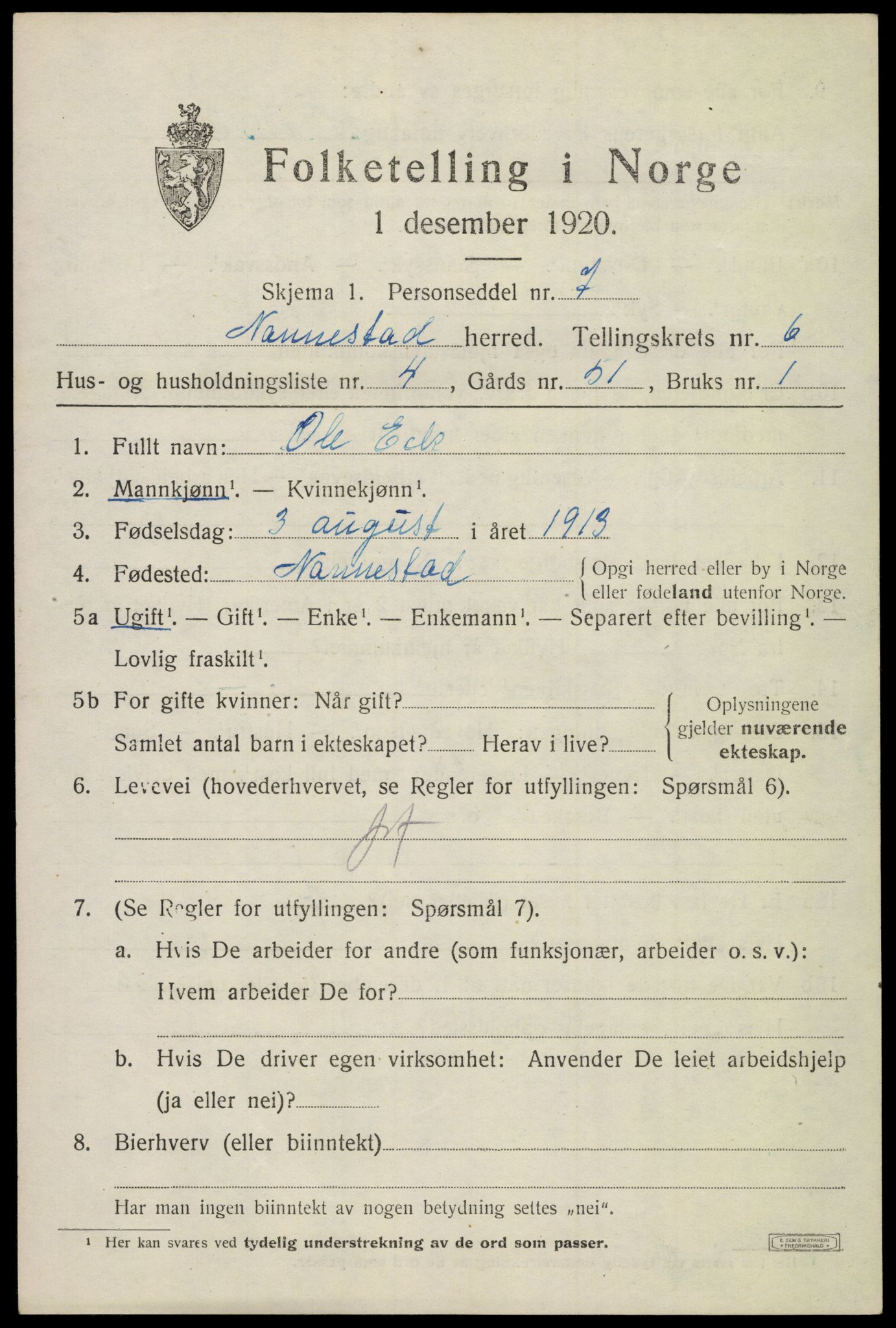 SAO, 1920 census for Nannestad, 1920, p. 7606