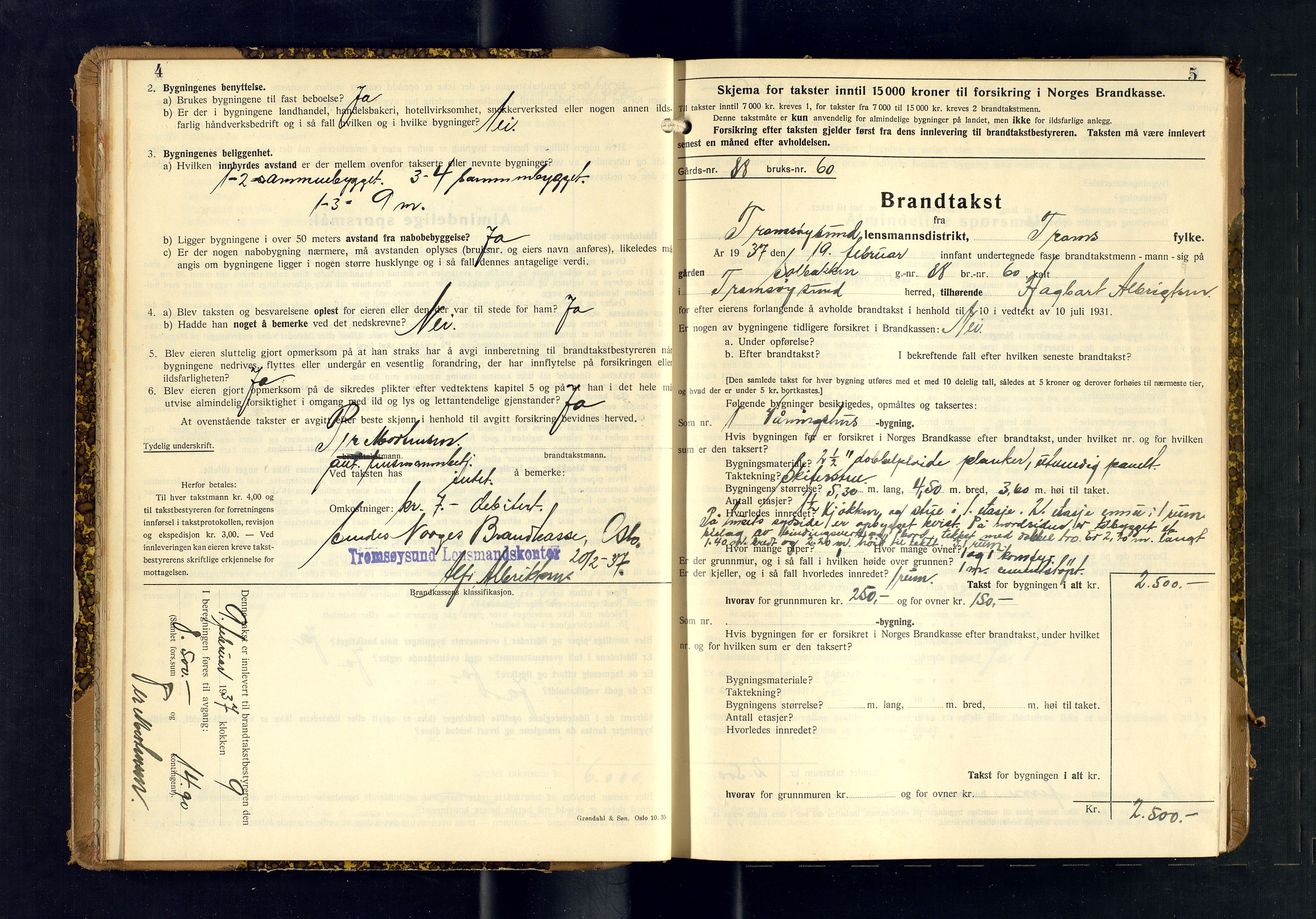 Tromsøysund lensmannskontor, AV/SATØ-SATØ-12/F/Fs/Fsb/L0755: Branntakstprotokoll (S). Med register, 1937-1938, p. 4-5