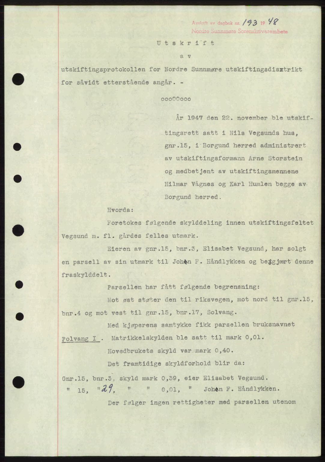 Nordre Sunnmøre sorenskriveri, AV/SAT-A-0006/1/2/2C/2Ca: Mortgage book no. A26, 1947-1948, Diary no: : 193/1948