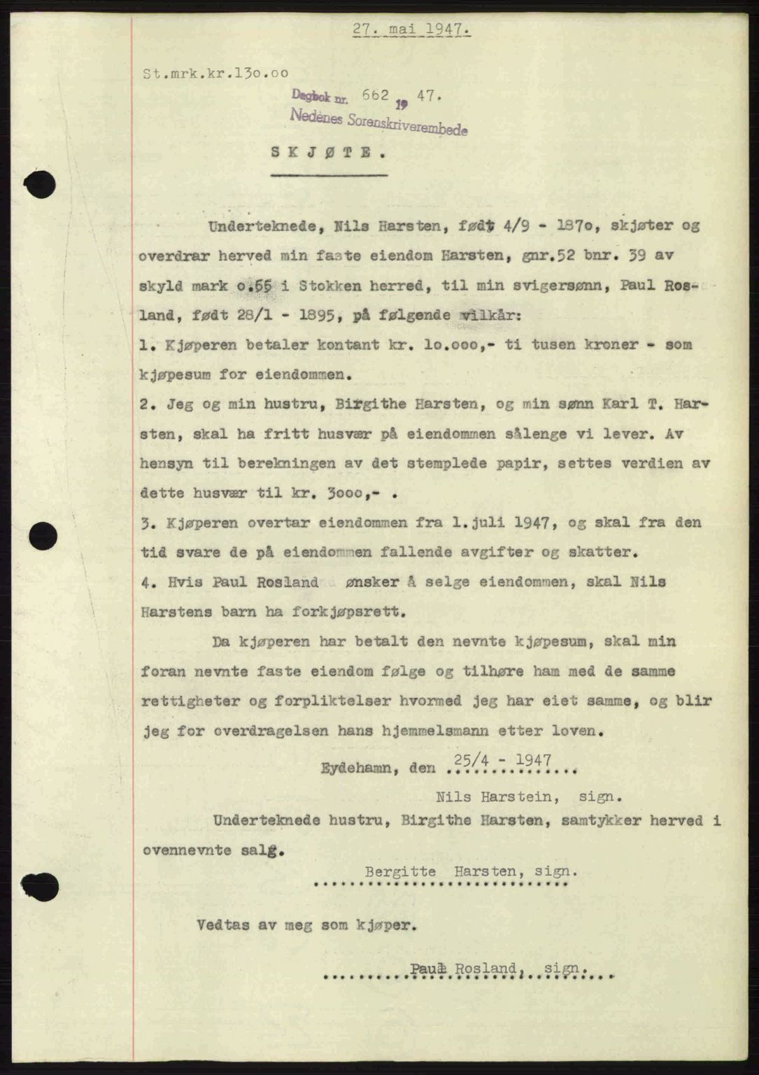 Nedenes sorenskriveri, AV/SAK-1221-0006/G/Gb/Gba/L0057: Mortgage book no. A9, 1947-1947, Diary no: : 662/1947