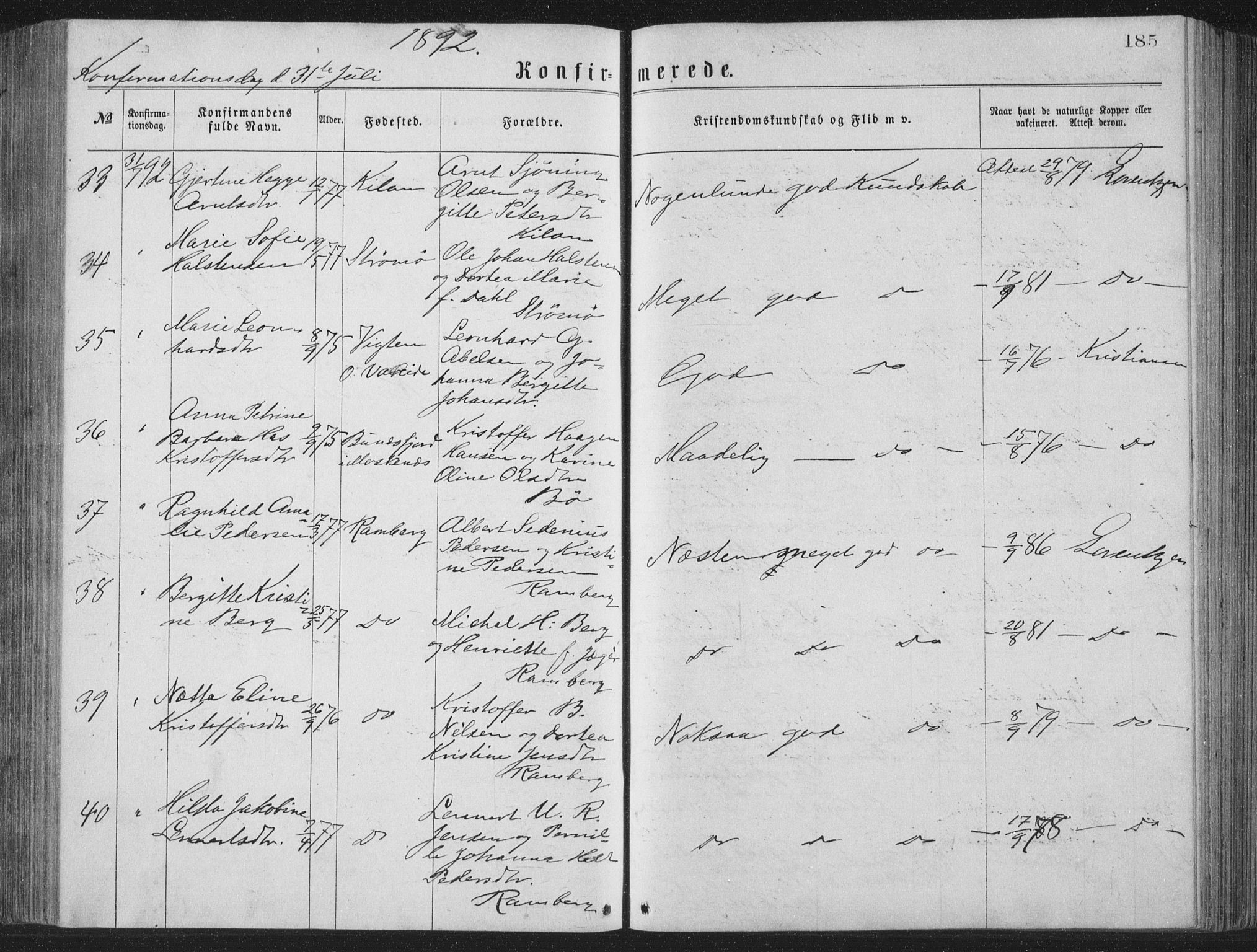 Ministerialprotokoller, klokkerbøker og fødselsregistre - Nordland, AV/SAT-A-1459/885/L1213: Parish register (copy) no. 885C02, 1874-1892, p. 185