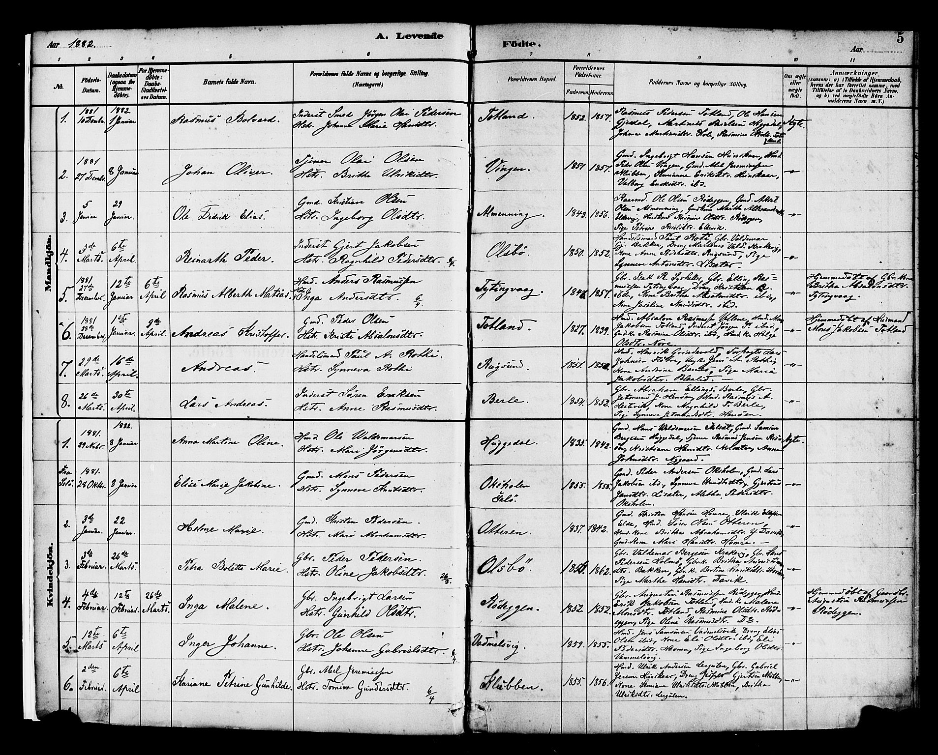 Davik sokneprestembete, SAB/A-79701/H/Haa/Haad/L0001: Parish register (official) no. D 1, 1882-1900, p. 5
