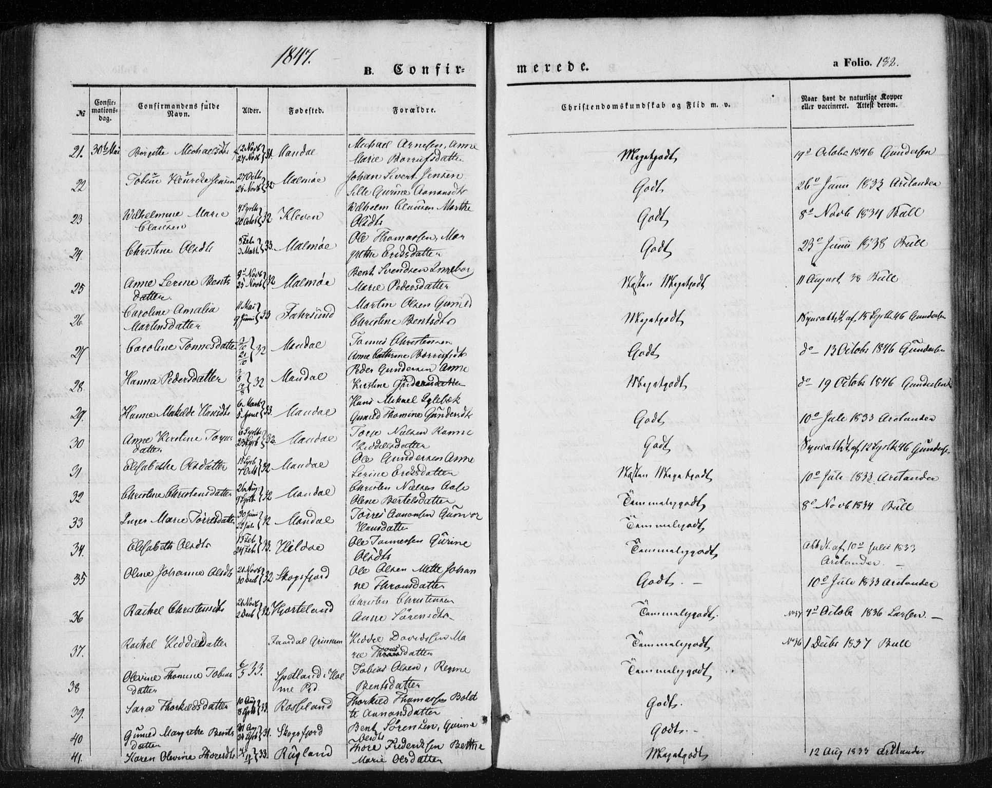 Mandal sokneprestkontor, SAK/1111-0030/F/Fa/Faa/L0013: Parish register (official) no. A 13, 1847-1859, p. 182