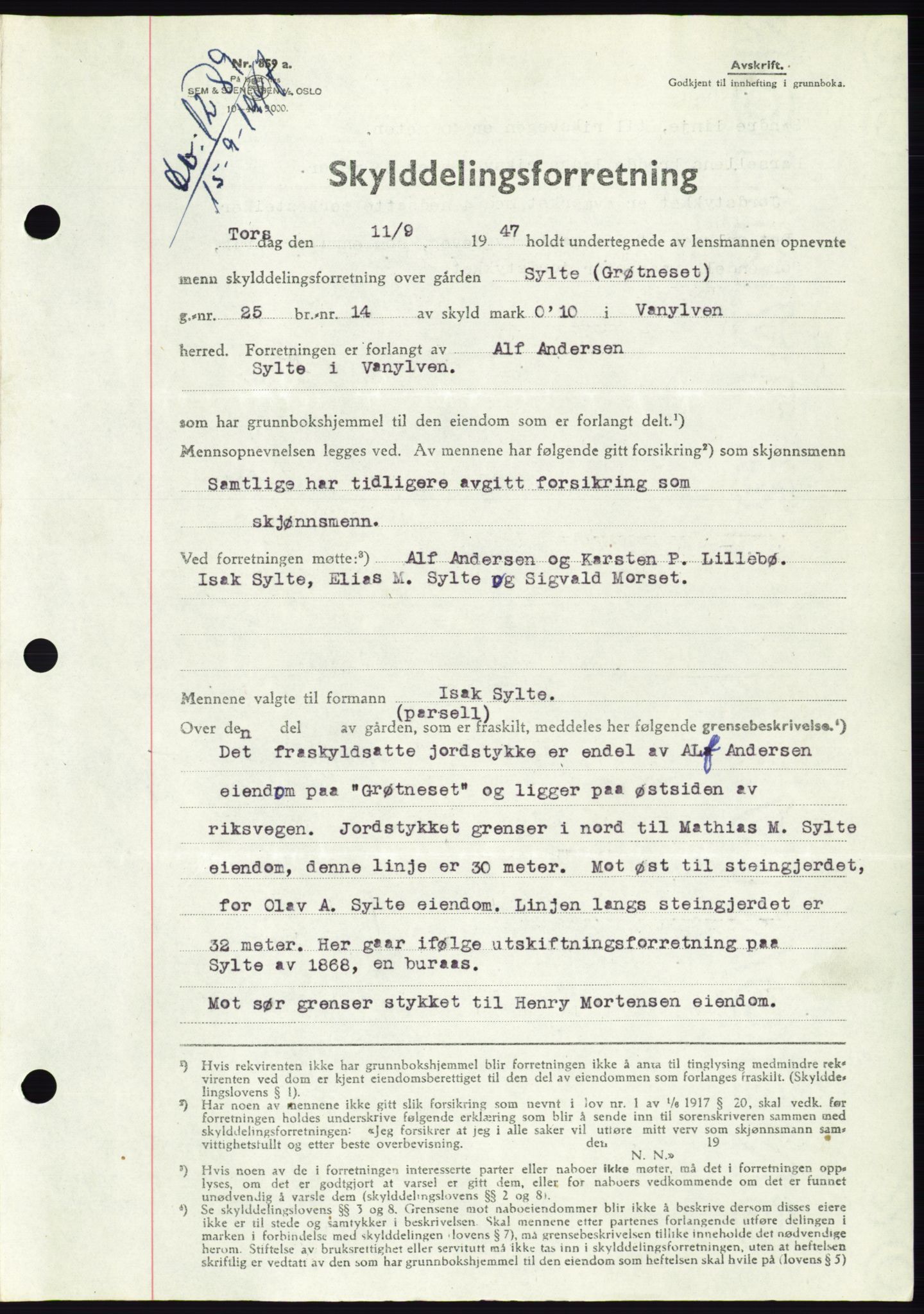 Søre Sunnmøre sorenskriveri, AV/SAT-A-4122/1/2/2C/L0081: Mortgage book no. 7A, 1947-1948, Diary no: : 1289/1947