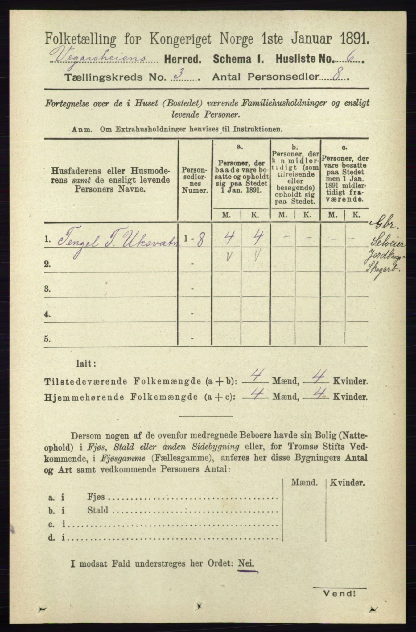 RA, 1891 census for 0912 Vegårshei, 1891, p. 608