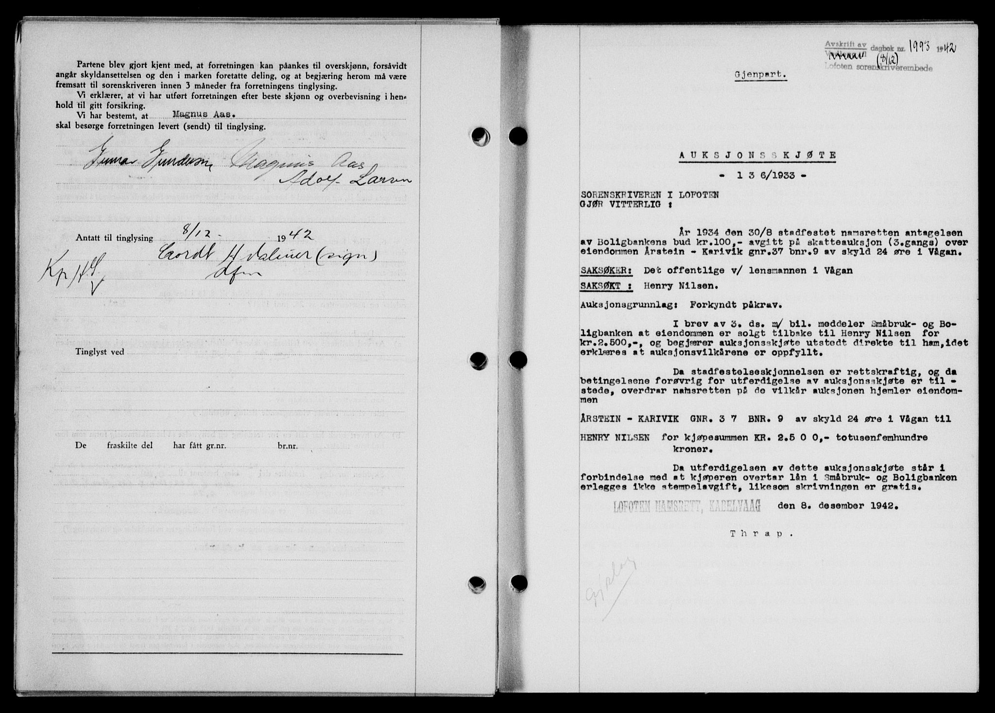 Lofoten sorenskriveri, SAT/A-0017/1/2/2C/L0010a: Mortgage book no. 10a, 1942-1943, Diary no: : 1993/1942