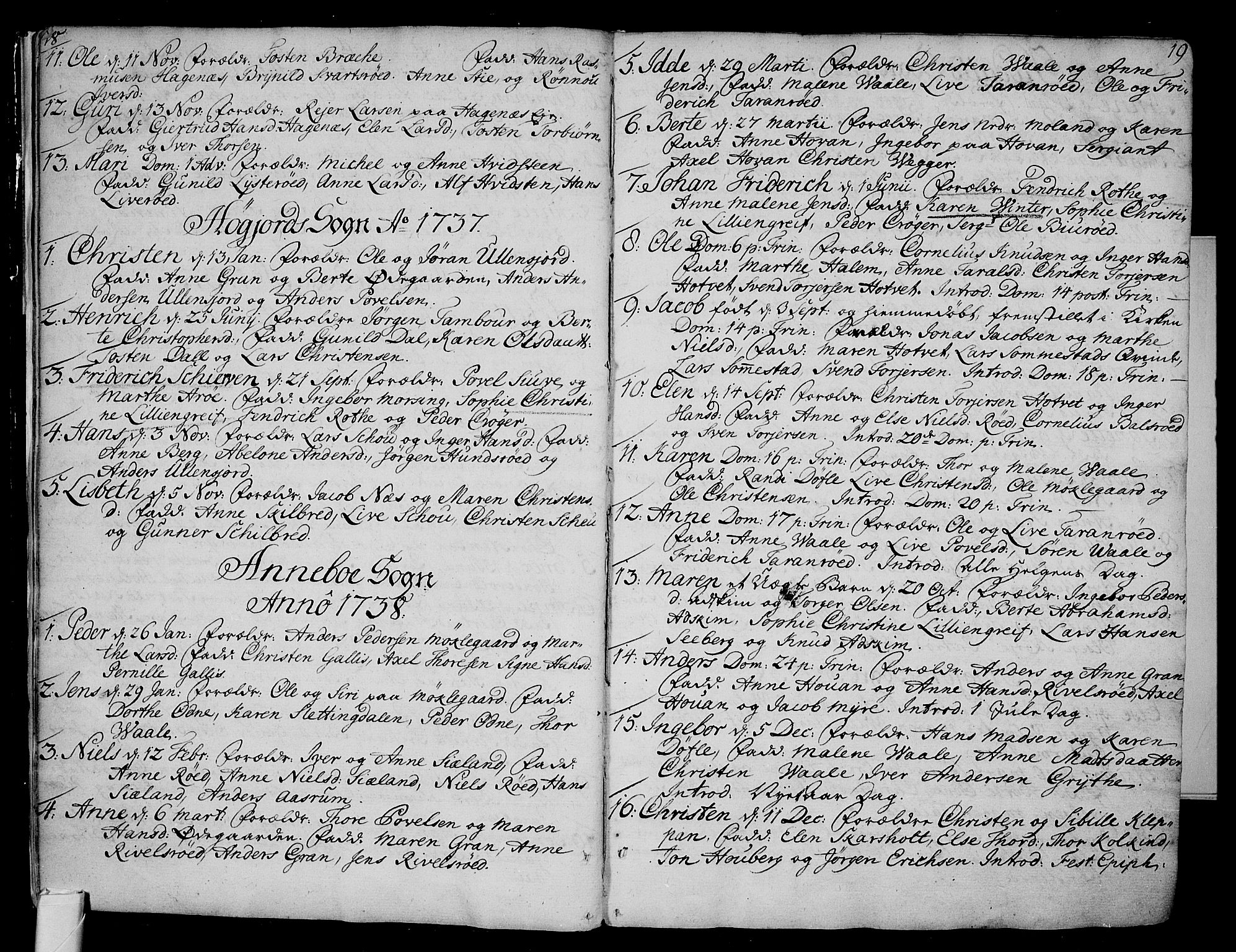 Andebu kirkebøker, AV/SAKO-A-336/F/Fa/L0002: Parish register (official) no. I 2, 1733-1802, p. 18-19