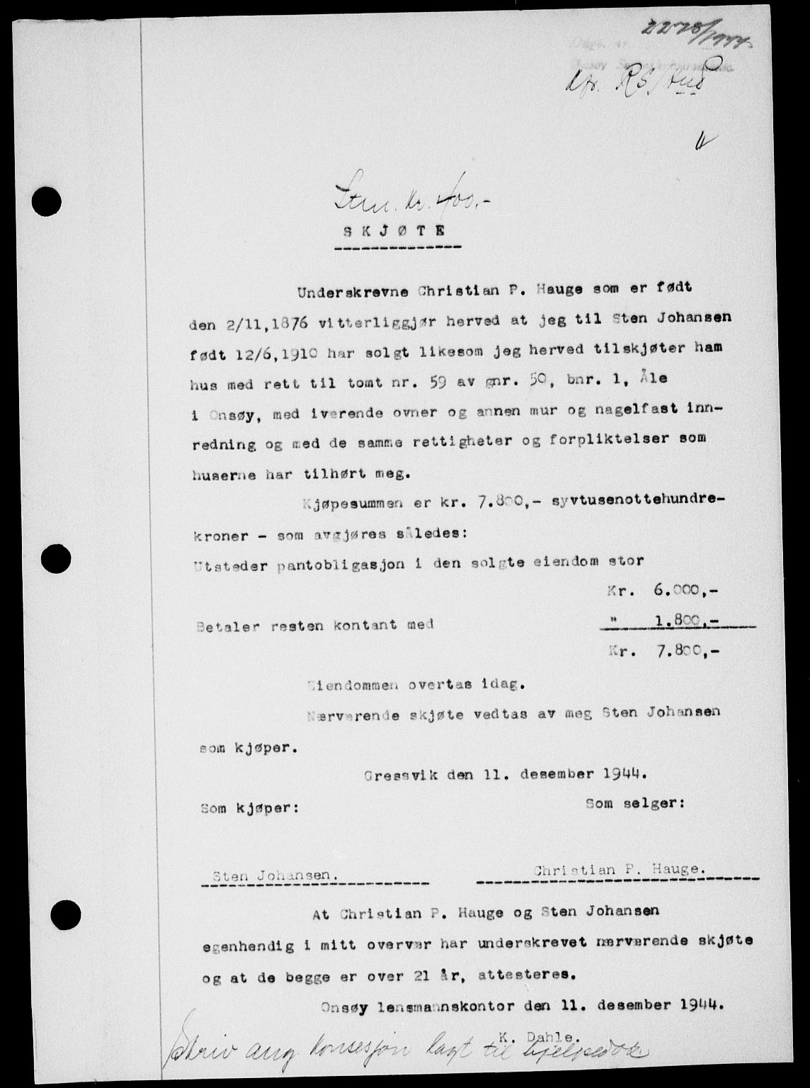 Onsøy sorenskriveri, SAO/A-10474/G/Ga/Gab/L0014: Mortgage book no. II A-14, 1944-1945, Diary no: : 2278/1944