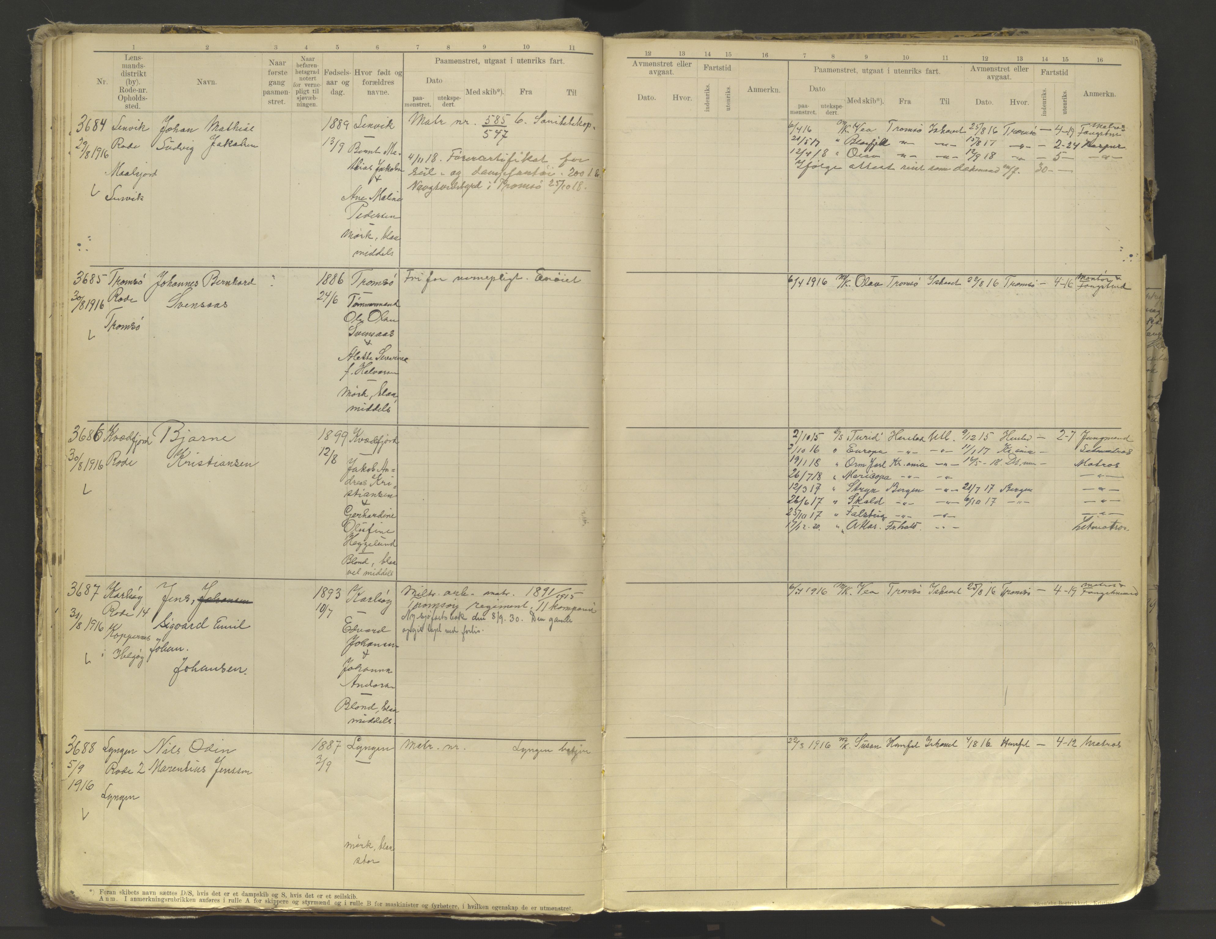 Tromsø sjømannskontor/innrullerings-/mønstringsdistrikt, AV/SATØ-S-0243/F/Fb/L0010: Annotasjonsrulle. Defekt: løs innbinding. Nr. 3519-4972, 1916-1920