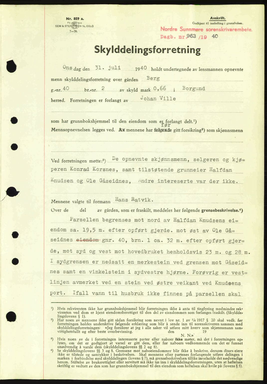 Nordre Sunnmøre sorenskriveri, AV/SAT-A-0006/1/2/2C/2Ca: Mortgage book no. A9, 1940-1940, Diary no: : 963/1940