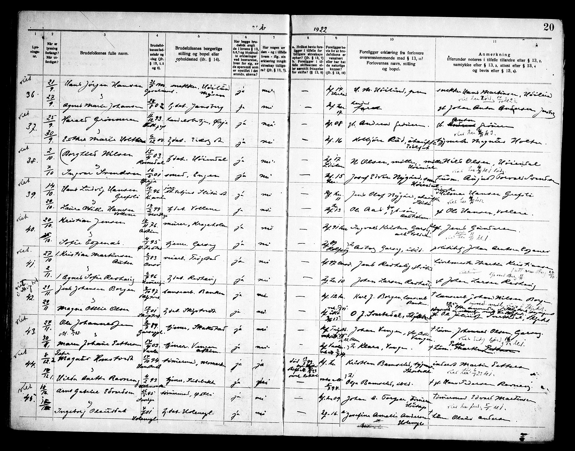 Eidsberg prestekontor Kirkebøker, SAO/A-10905/H/Ha/L0001: Banns register no. I 1, 1919-1946, p. 20