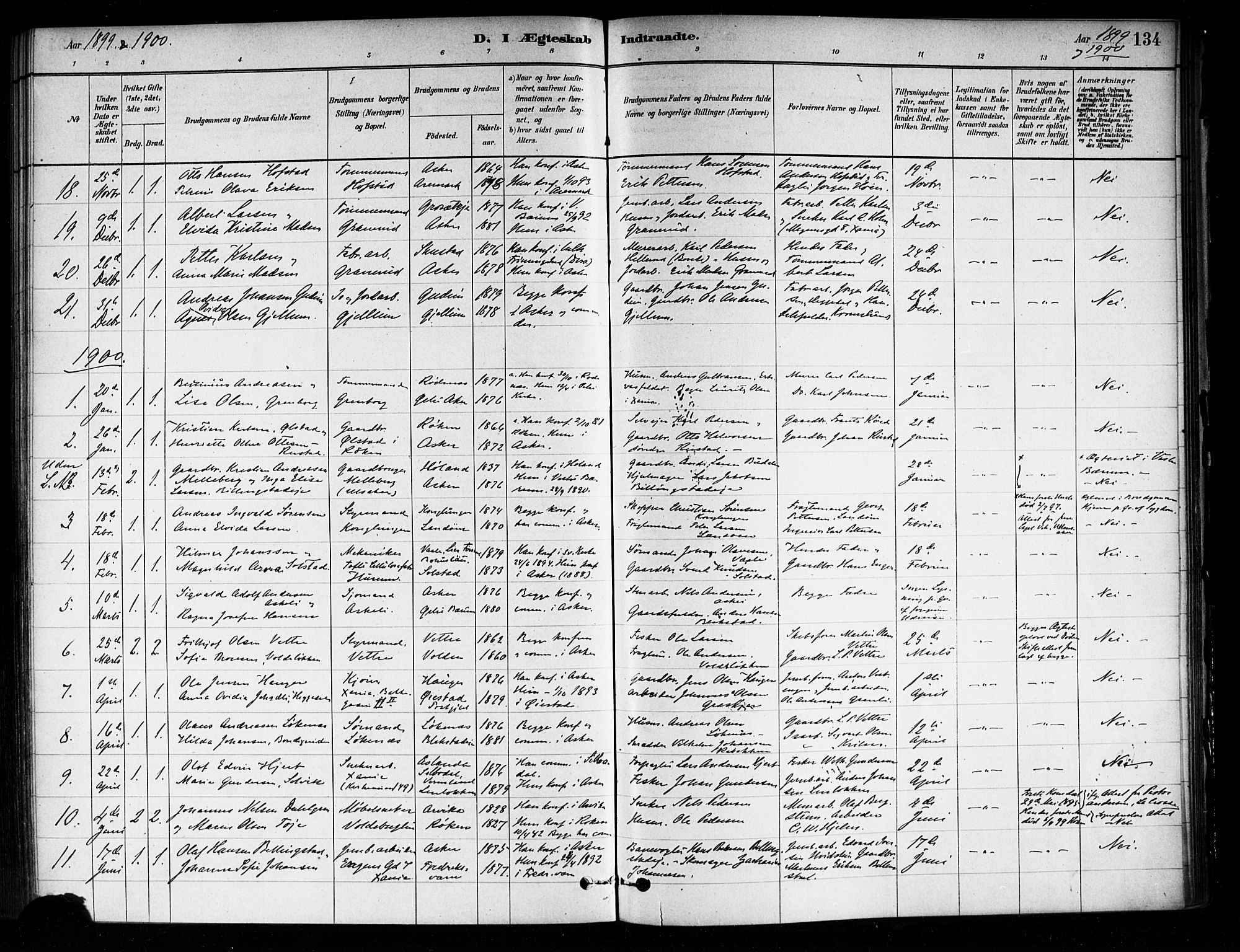 Asker prestekontor Kirkebøker, SAO/A-10256a/F/Fa/L0014: Parish register (official) no. I 14, 1879-1900, p. 134