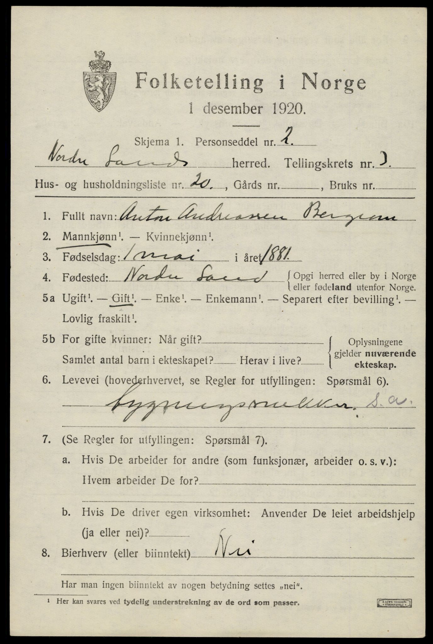 SAH, 1920 census for Nordre Land, 1920, p. 2449