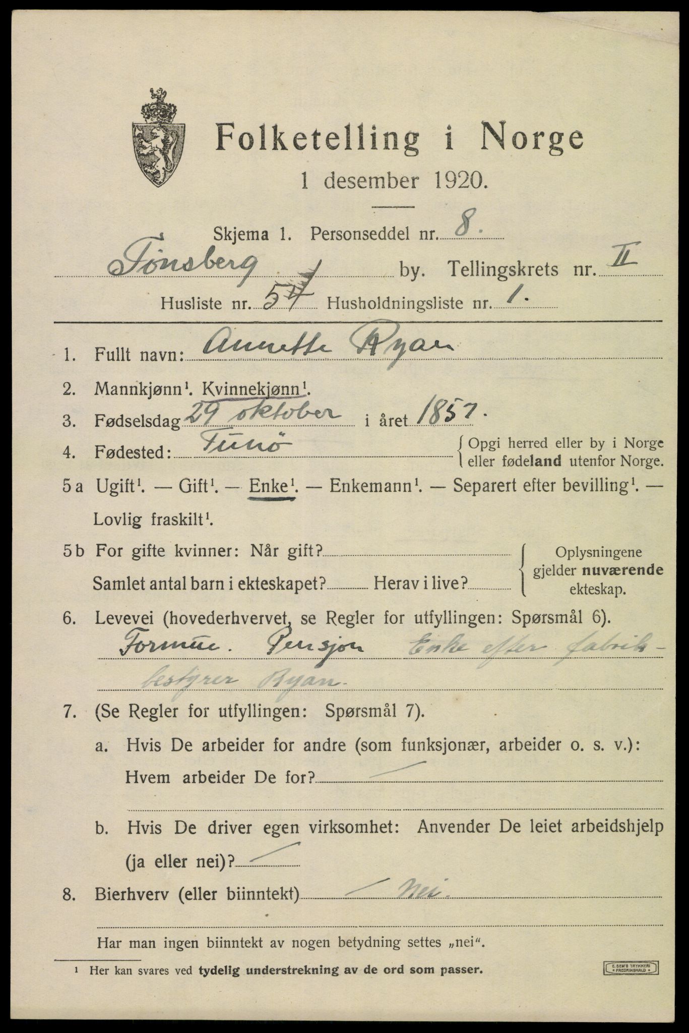 SAKO, 1920 census for Tønsberg, 1920, p. 10867