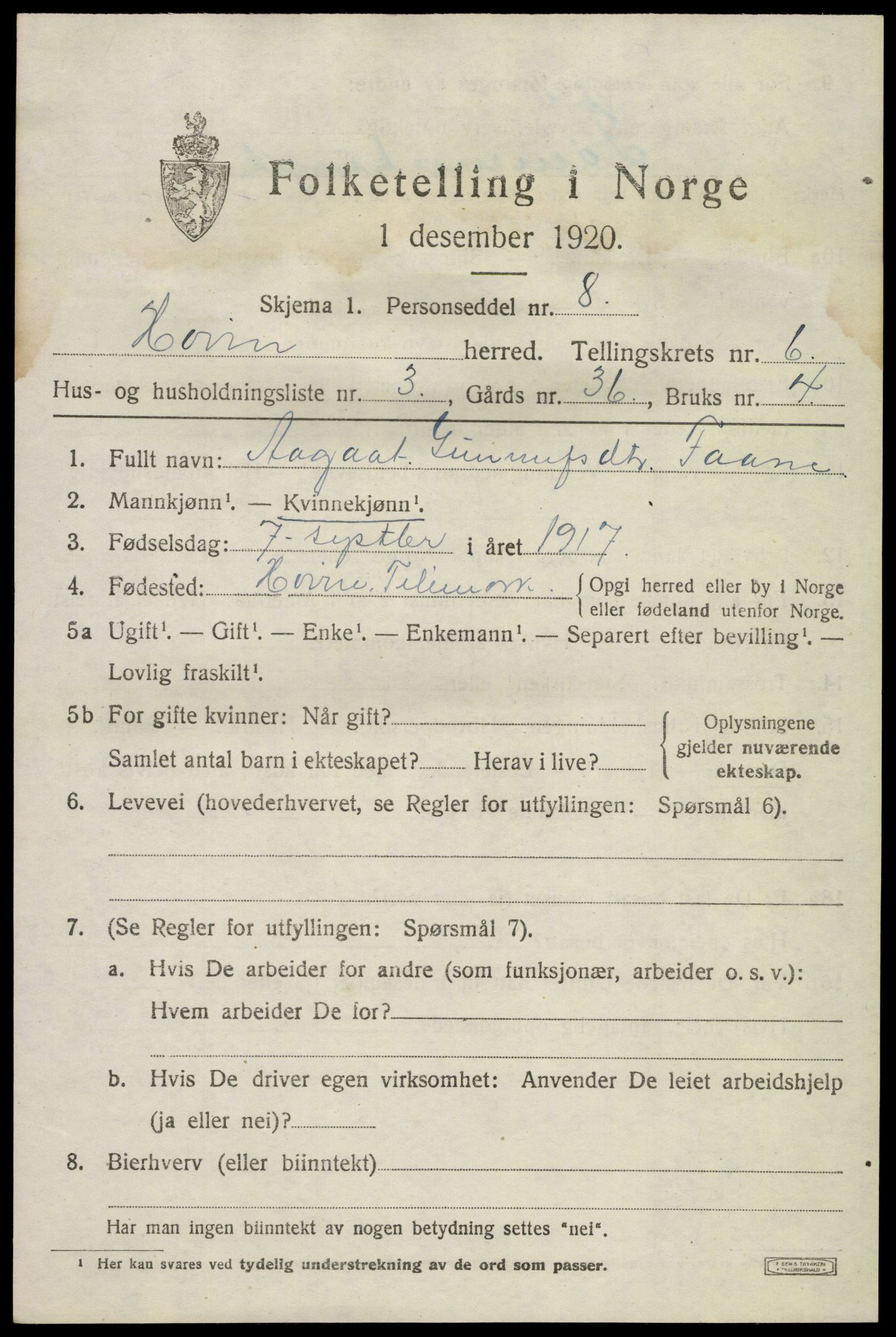 SAKO, 1920 census for Hovin, 1920, p. 1469