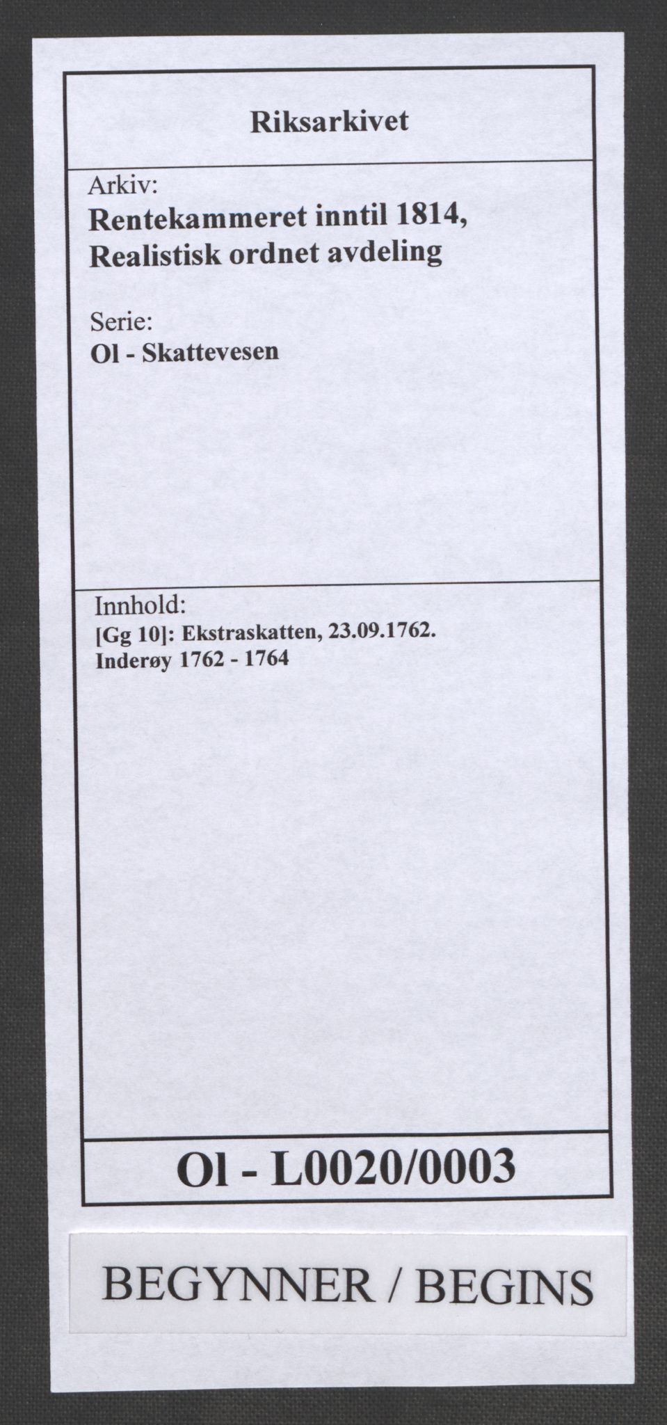 Rentekammeret inntil 1814, Realistisk ordnet avdeling, RA/EA-4070/Ol/L0020/0003: [Gg 10]: Ekstraskatten, 23.09.1762. Romsdal, Strinda, Selbu, Inderøy. / Inderøy, 1762-1764, p. 1