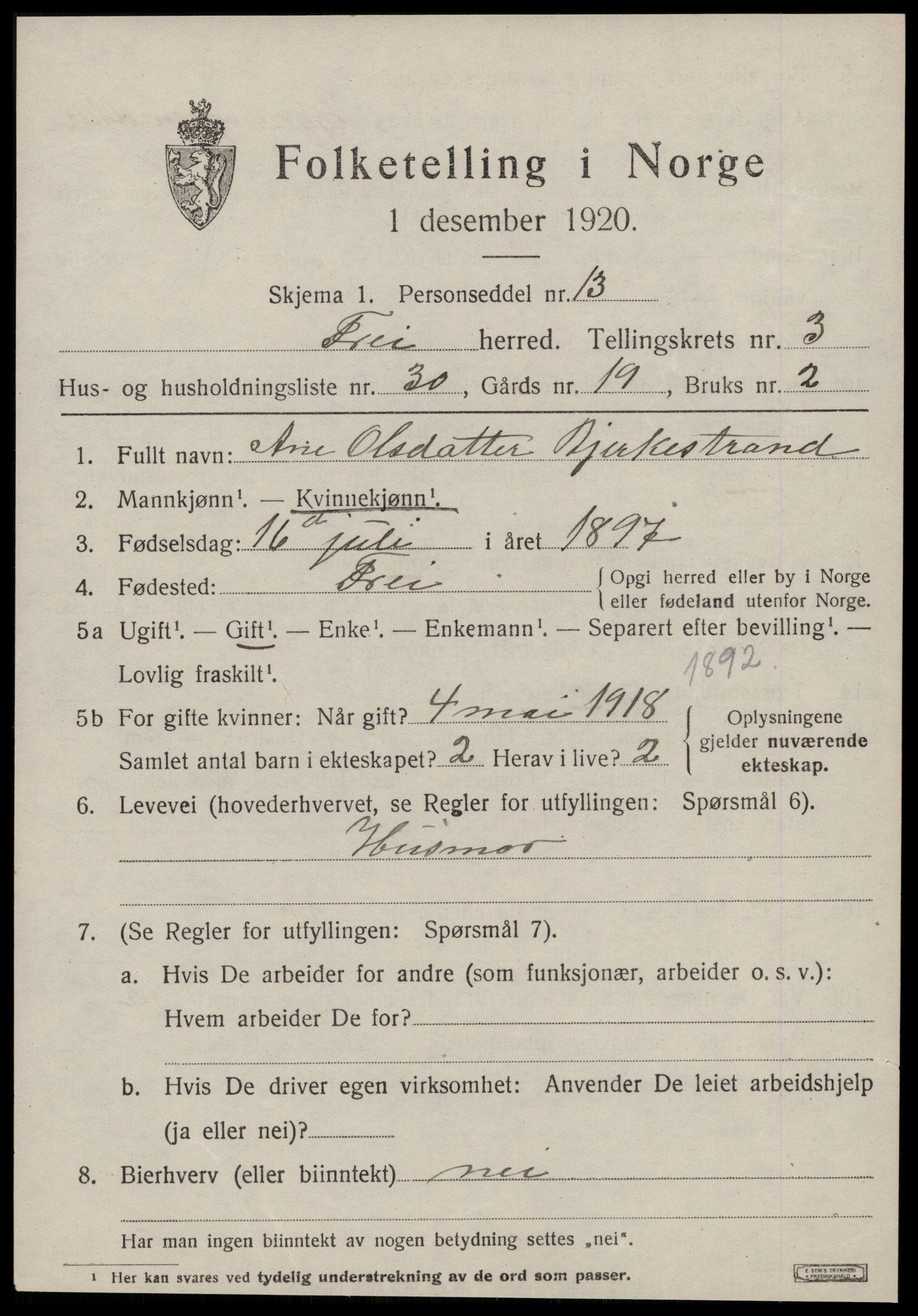 SAT, 1920 census for Frei, 1920, p. 2065