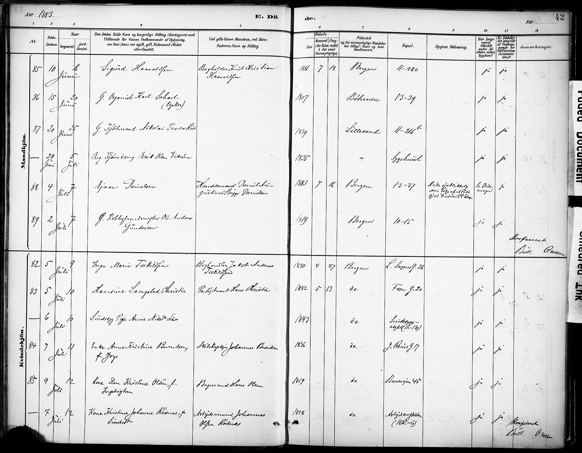 Domkirken sokneprestembete, AV/SAB-A-74801/H/Haa/L0043: Parish register (official) no. E 5, 1882-1904, p. 42